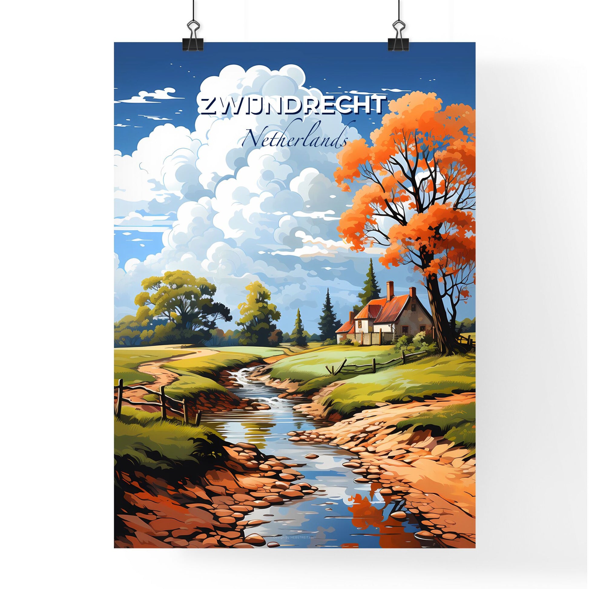 Zwijndrecht, Netherlands, A Poster of a stream running through a grassy field with a house and trees Default Title