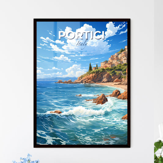 Portici, Italy, A Poster of a beach with a town on the hill Default Title