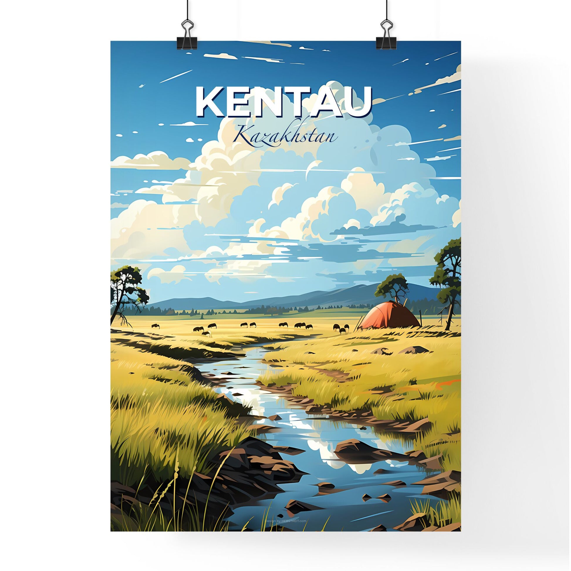 Kentau, Kazakhstan, A Poster of a stream running through a grassy field with a tent and trees Default Title