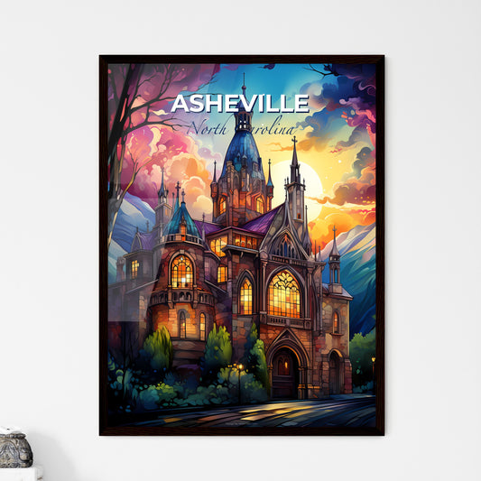 Asheville, North Carolina, A Poster of a painting of a castle with a colorful sky and trees Default Title