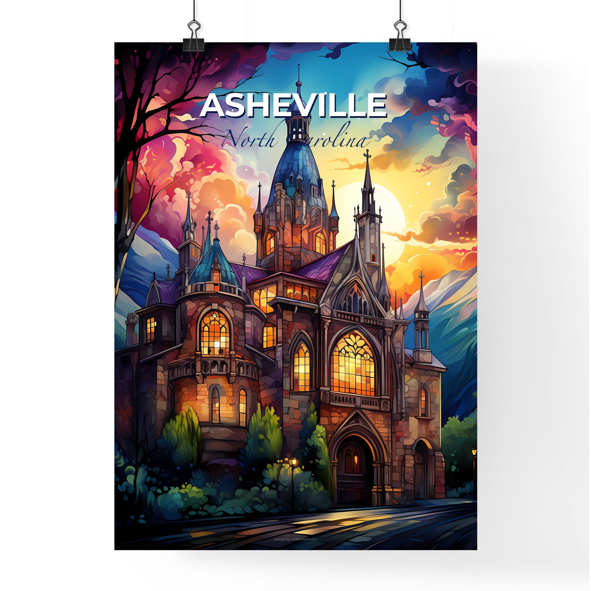 Asheville, North Carolina, A Poster of a painting of a castle with a colorful sky and trees Default Title