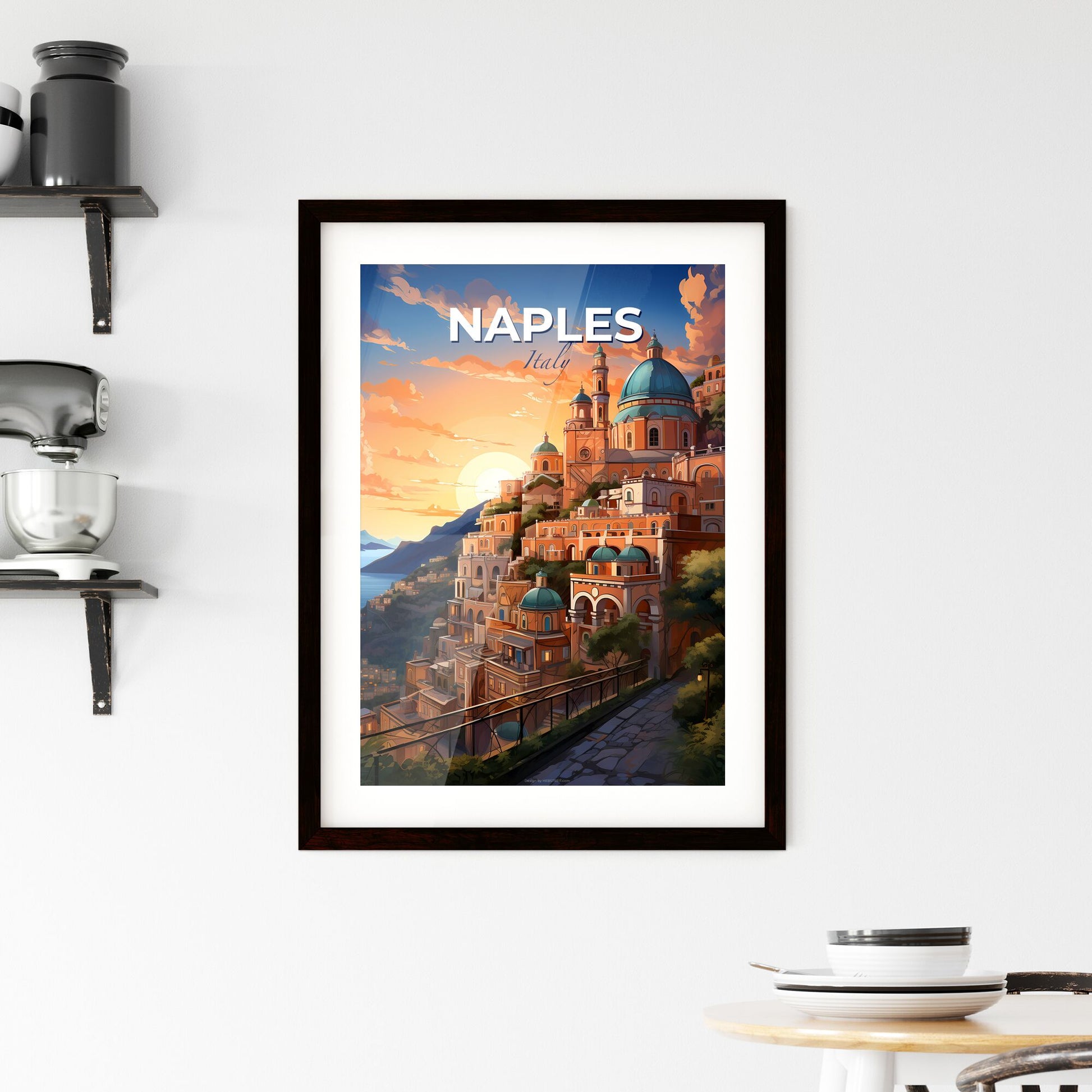 Naples, Italy, A Poster of a city on a hill with a blue dome and trees Default Title