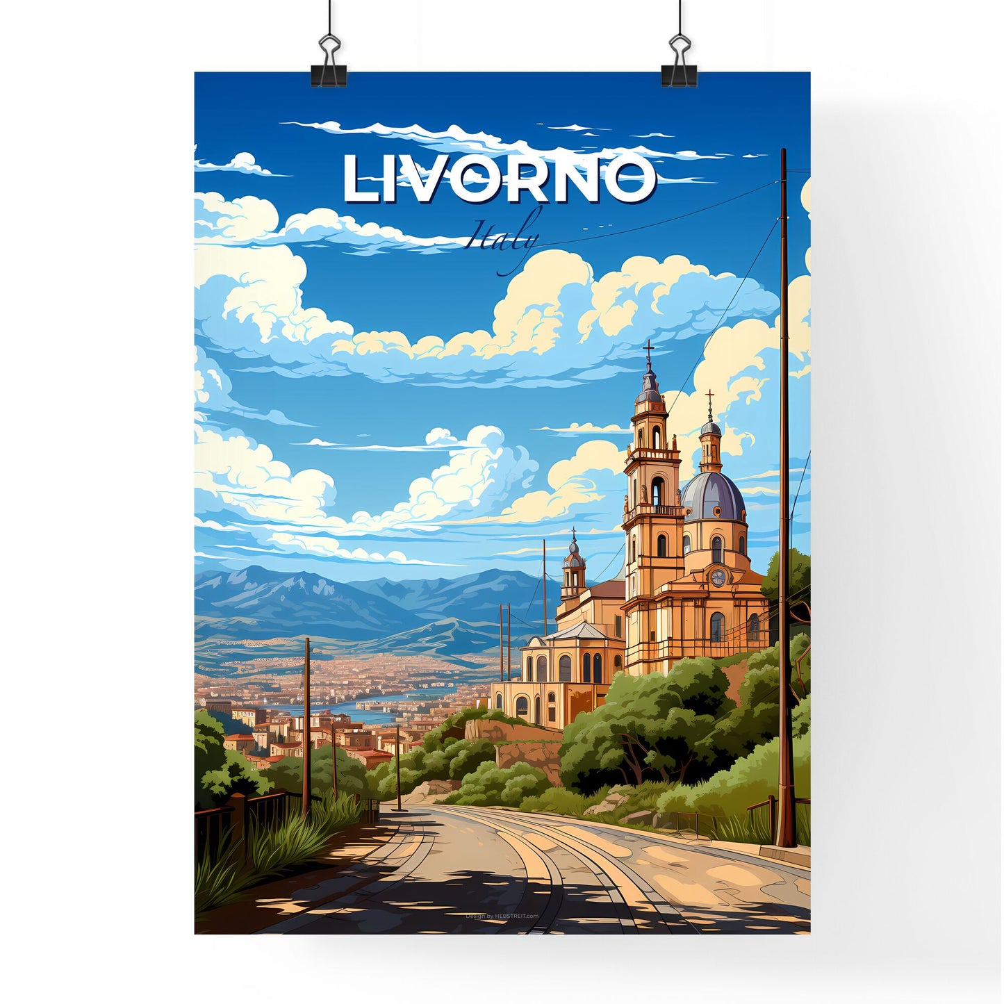Livorno, Italy, A Poster of a road with a building and trees on it Default Title