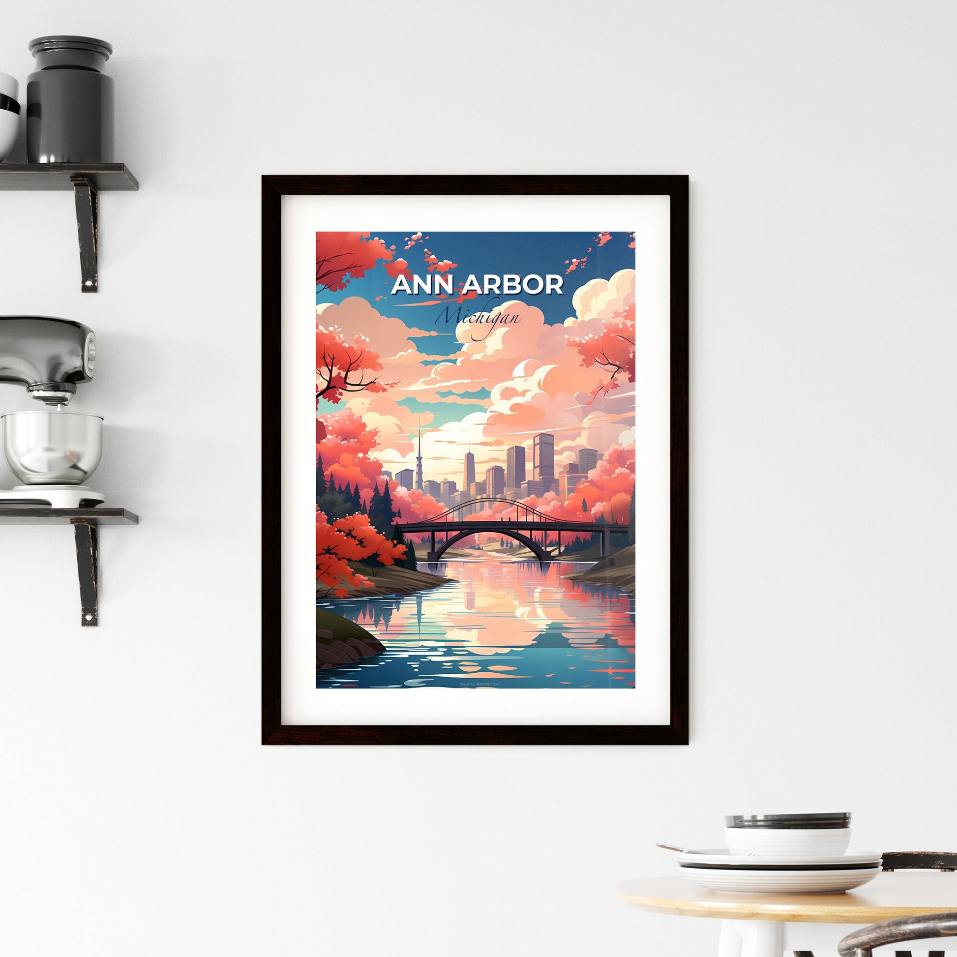 Ann Arbor, Michigan, A Poster of a bridge over a river with trees and a city in the background Default Title