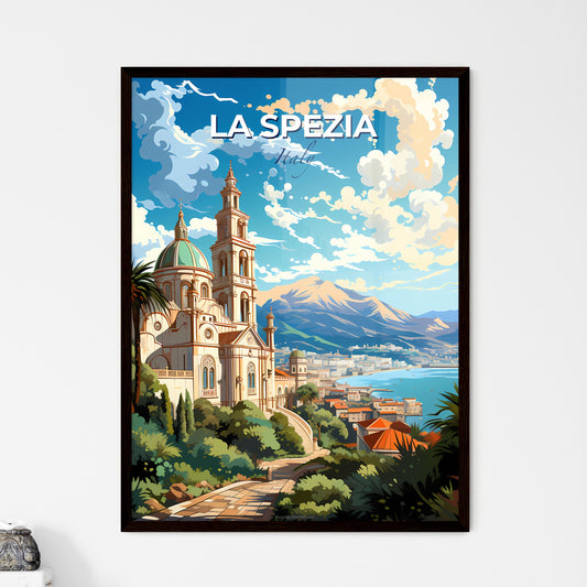 La Spezia, Italy, A Poster of a building with a steeple and trees and mountains in the background Default Title