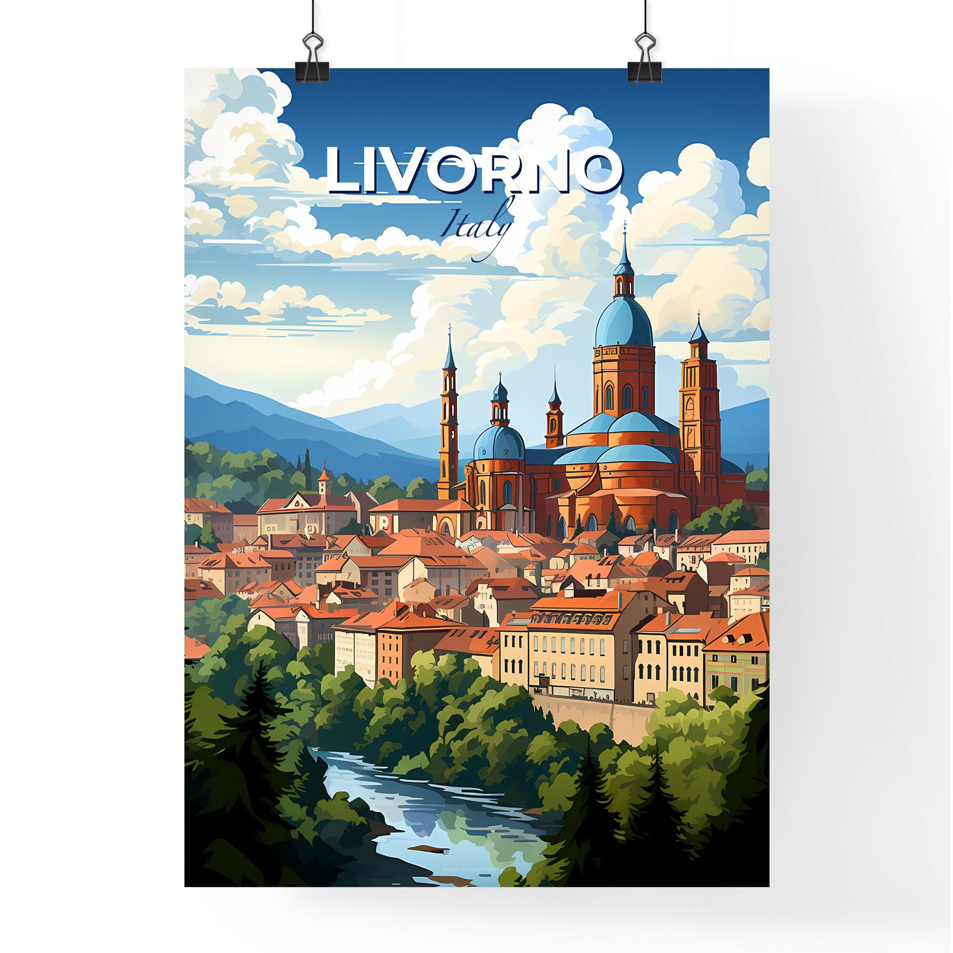 Livorno, Italy, A Poster of a city with a river and trees Default Title