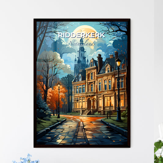 Ridderkerk, Netherlands, A Poster of a painting of a building with trees and a street light Default Title