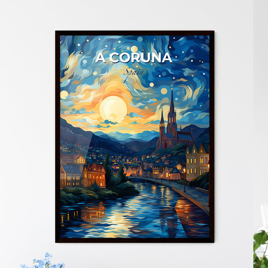 A Coruna, Spain, A Poster of a painting of a town with a river and a church Default Title