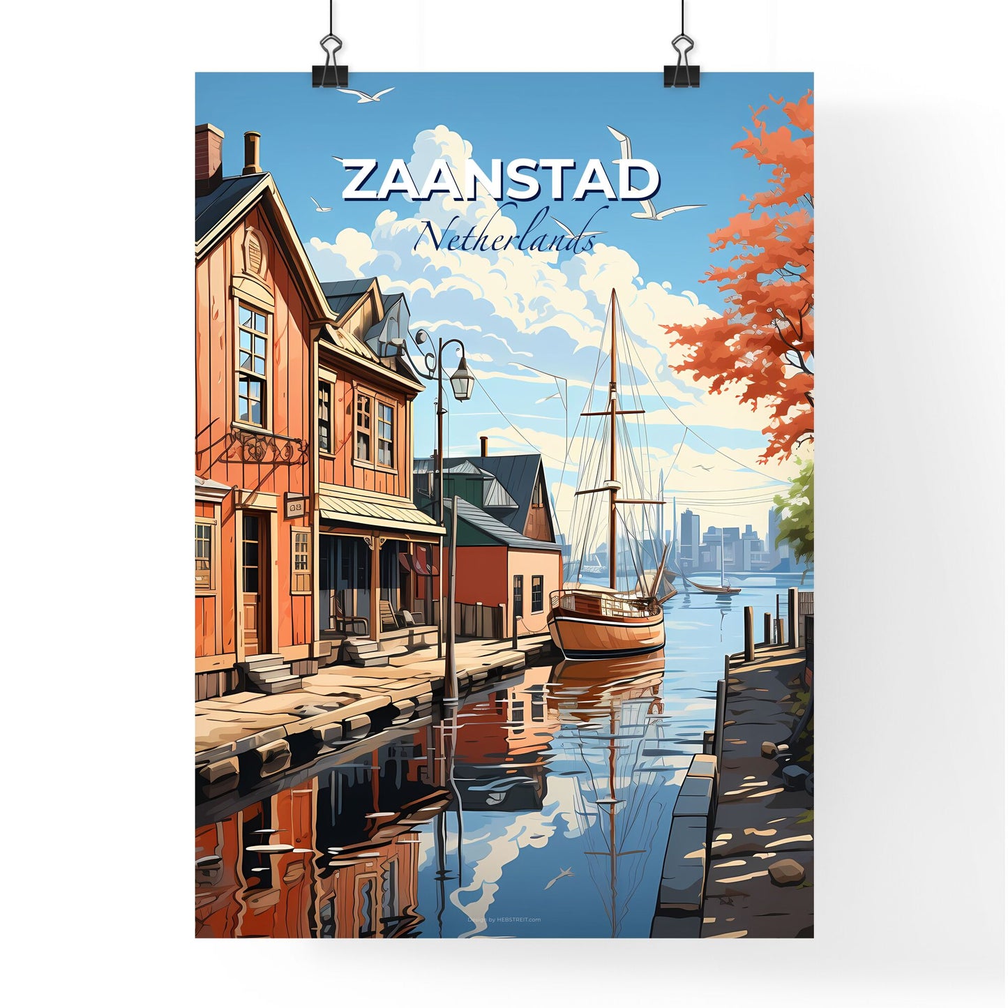 Zaanstad, Netherlands, A Poster of a painting of a canal with buildings and a boat Default Title