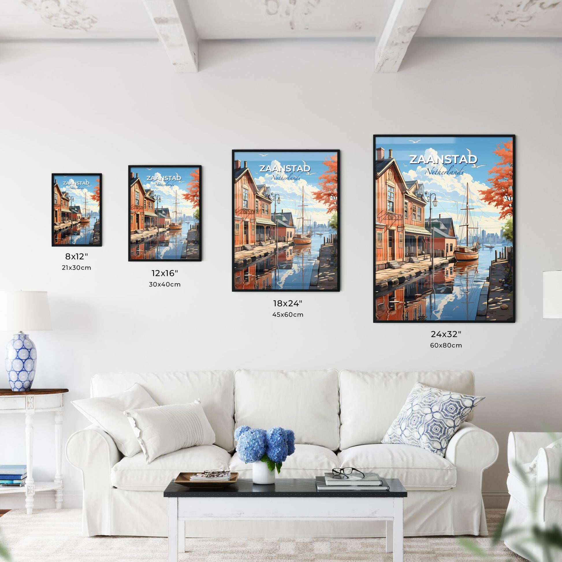 Zaanstad, Netherlands, A Poster of a painting of a canal with buildings and a boat Default Title