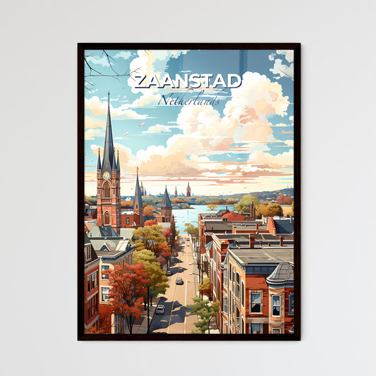 Zaanstad, Netherlands, A Poster of a city street with a church tower and a river Default Title