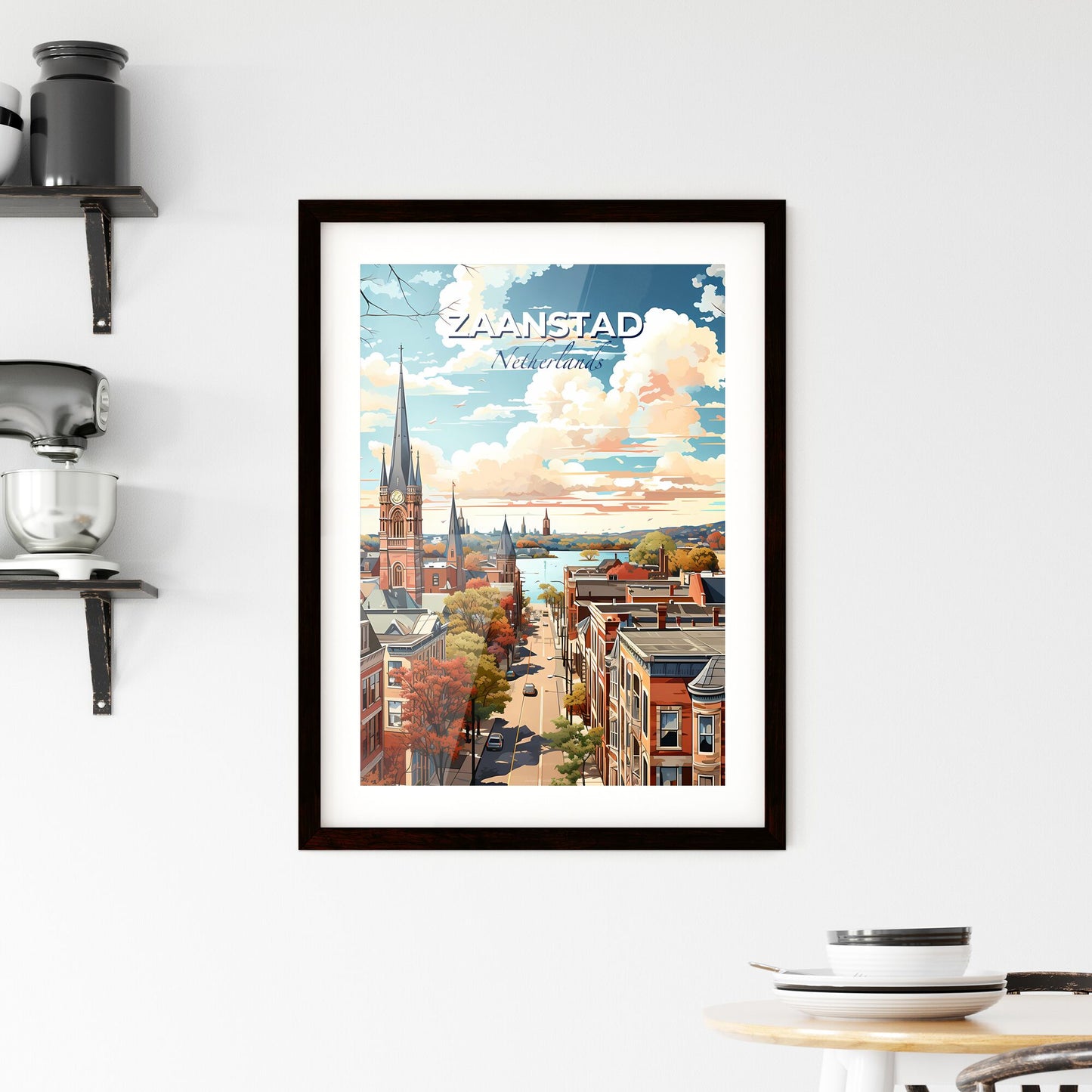 Zaanstad, Netherlands, A Poster of a city street with a church tower and a river Default Title