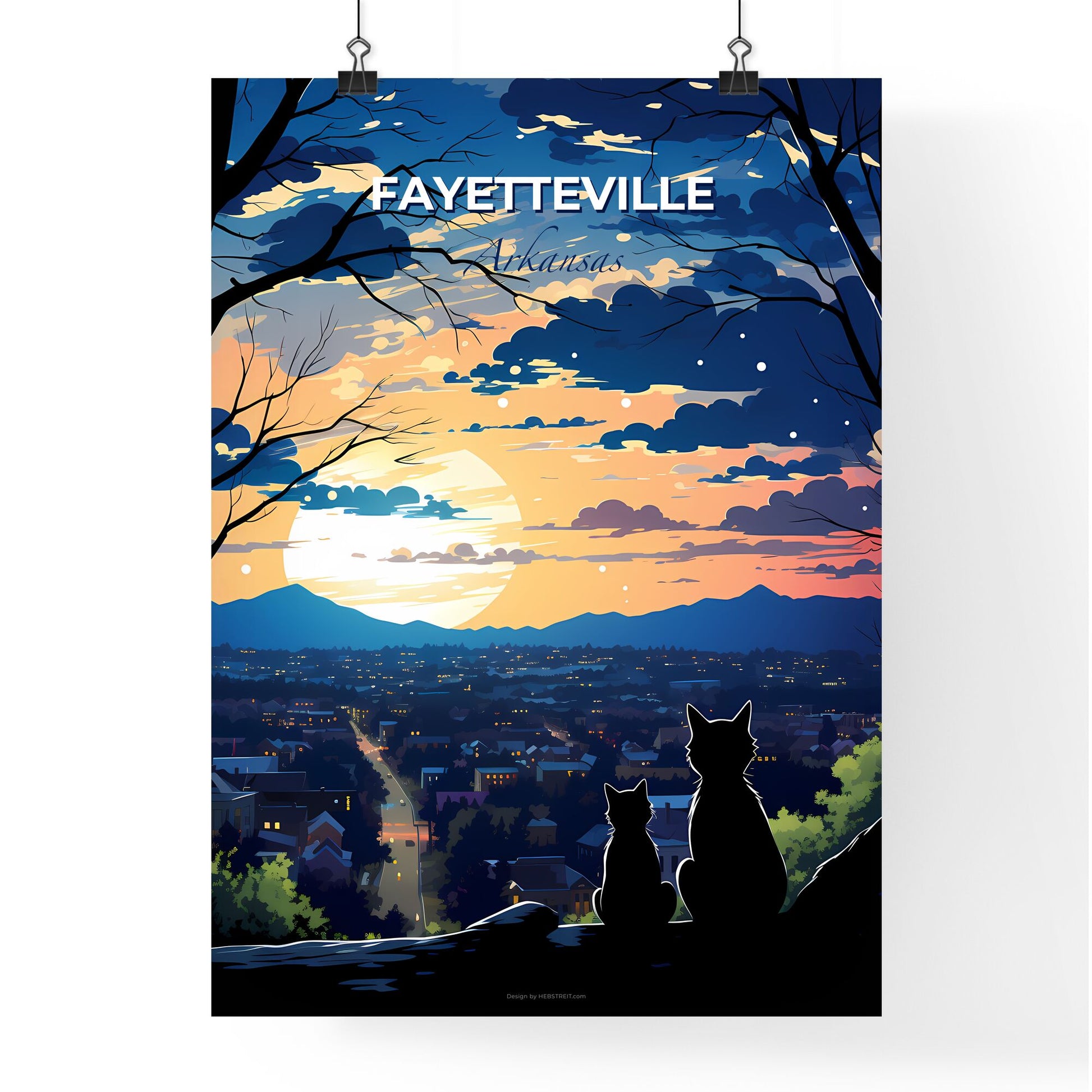 Fayetteville, Arkansas, A Poster of two cats sitting on a rock looking at a city Default Title