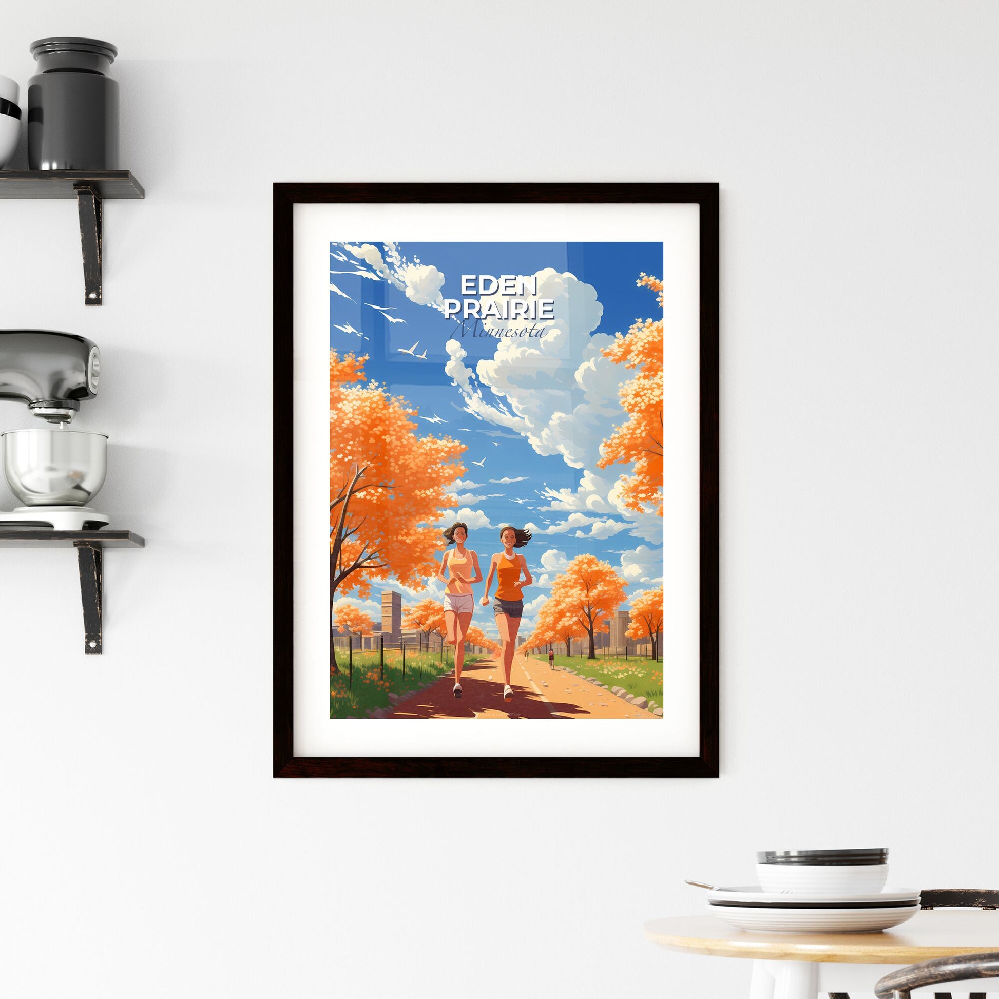Eden Prairie, Minnesota, A Poster of two women running on a road with orange trees and buildings Default Title