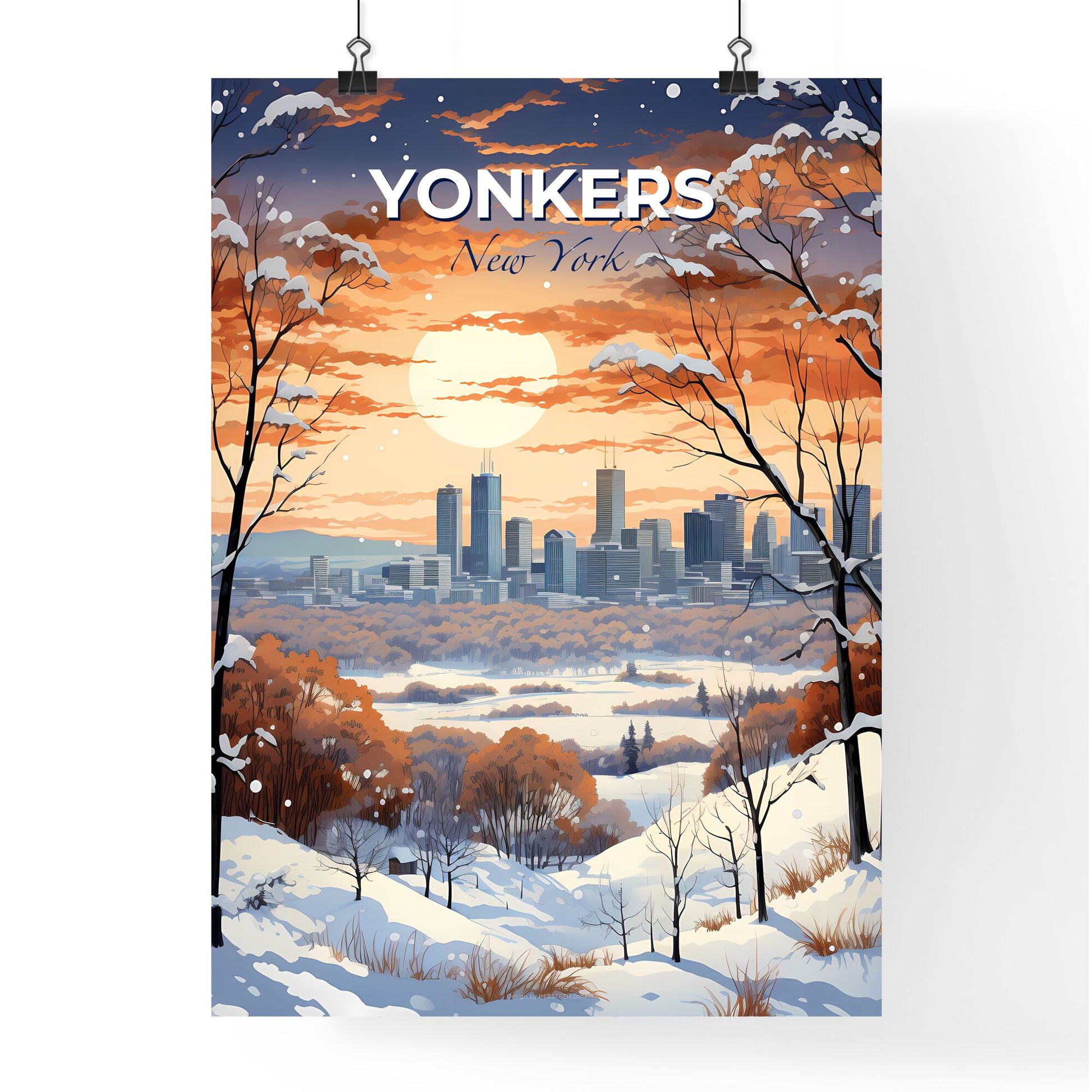 Yonkers, New York, A Poster of a snowy landscape with a city in the distance Default Title