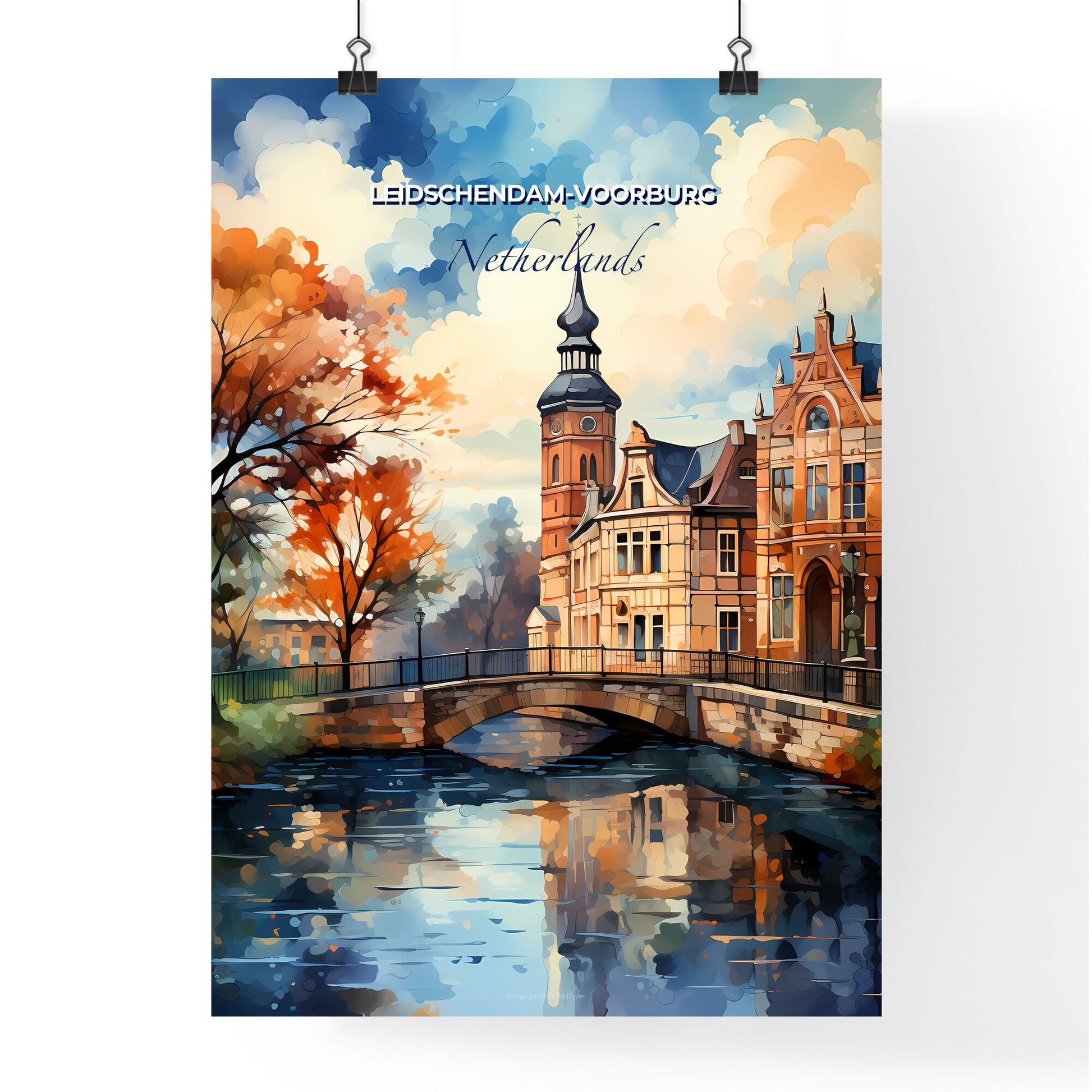 Leidschendam-Voorburg, Netherlands, A Poster of a bridge over a river with a building and trees Default Title