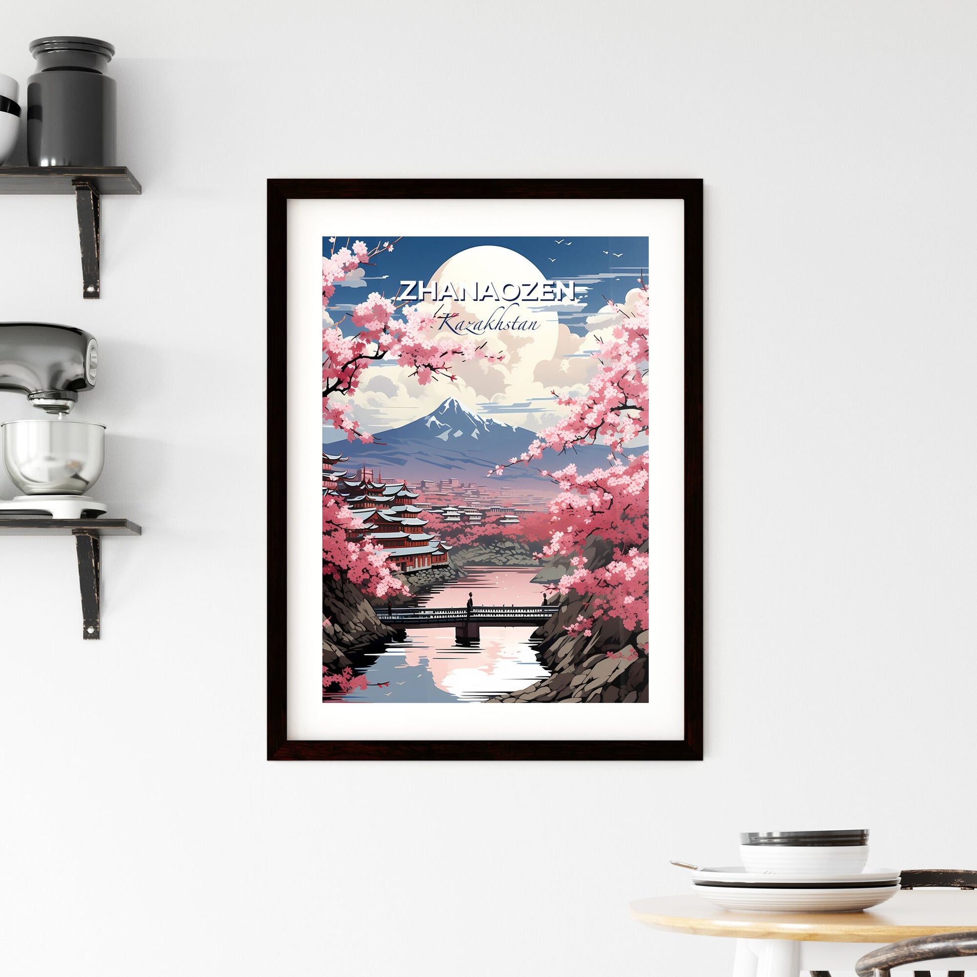 Zhanaozen, Kazakhstan, A Poster of a painting of a city with a bridge over a river and mountains Default Title
