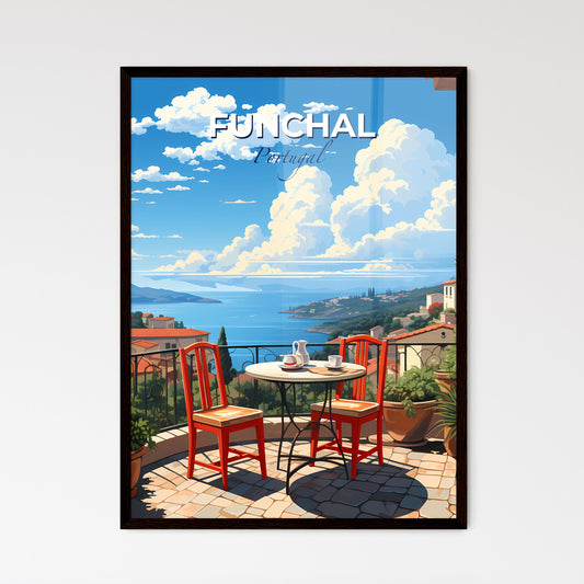 Funchal, Portugal, A Poster of a table and chairs on a balcony overlooking a body of water Default Title