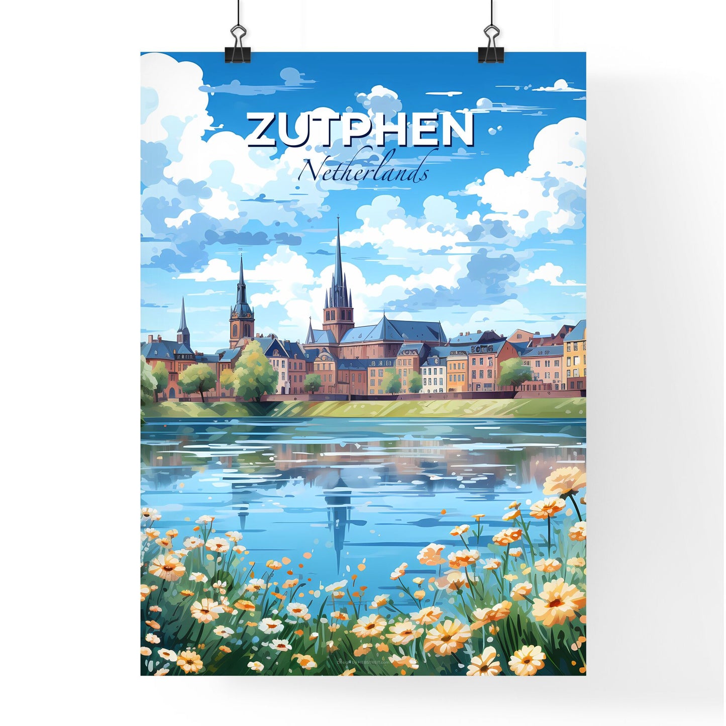 Zutphen, Netherlands, A Poster of a water body with flowers and a city in the background Default Title
