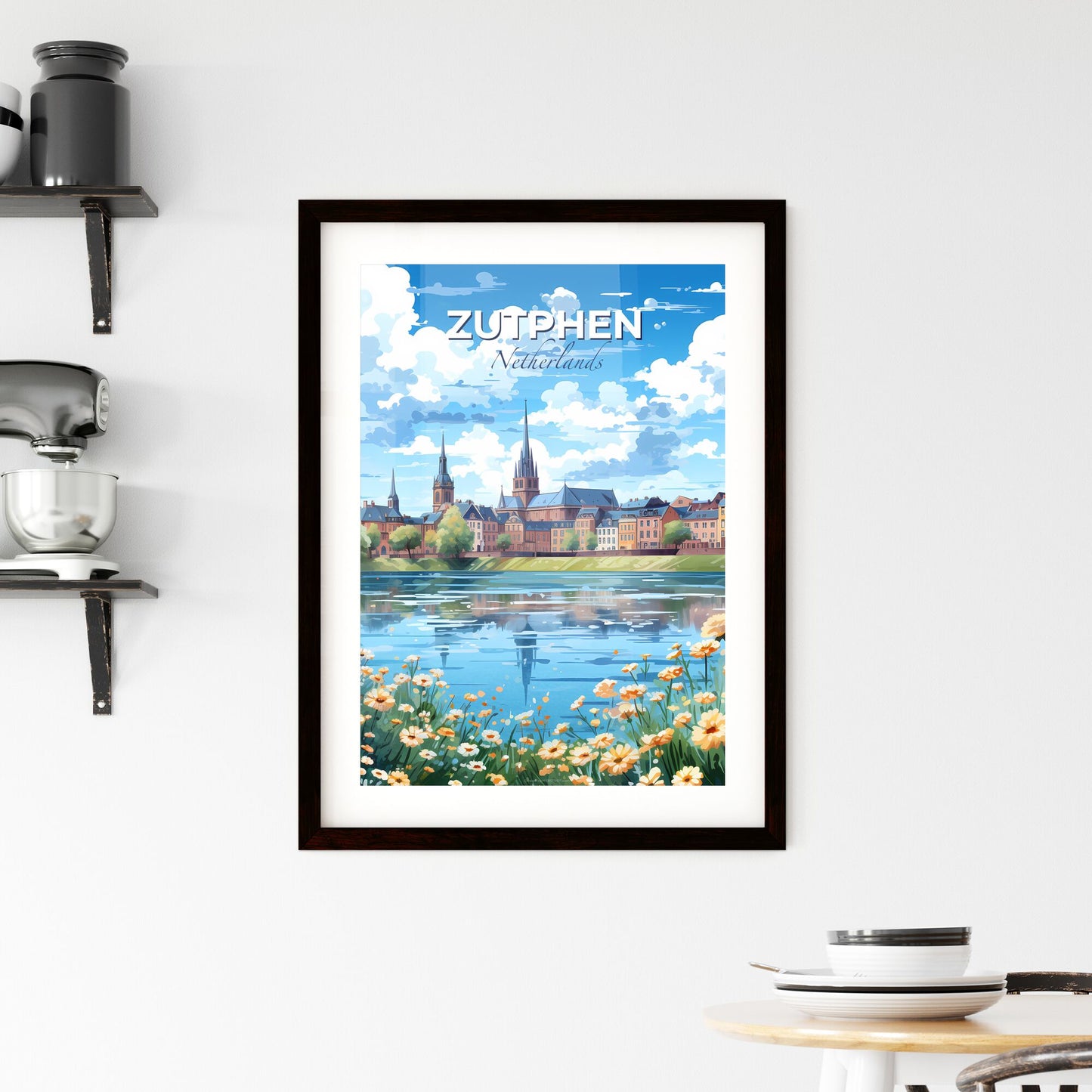 Zutphen, Netherlands, A Poster of a water body with flowers and a city in the background Default Title