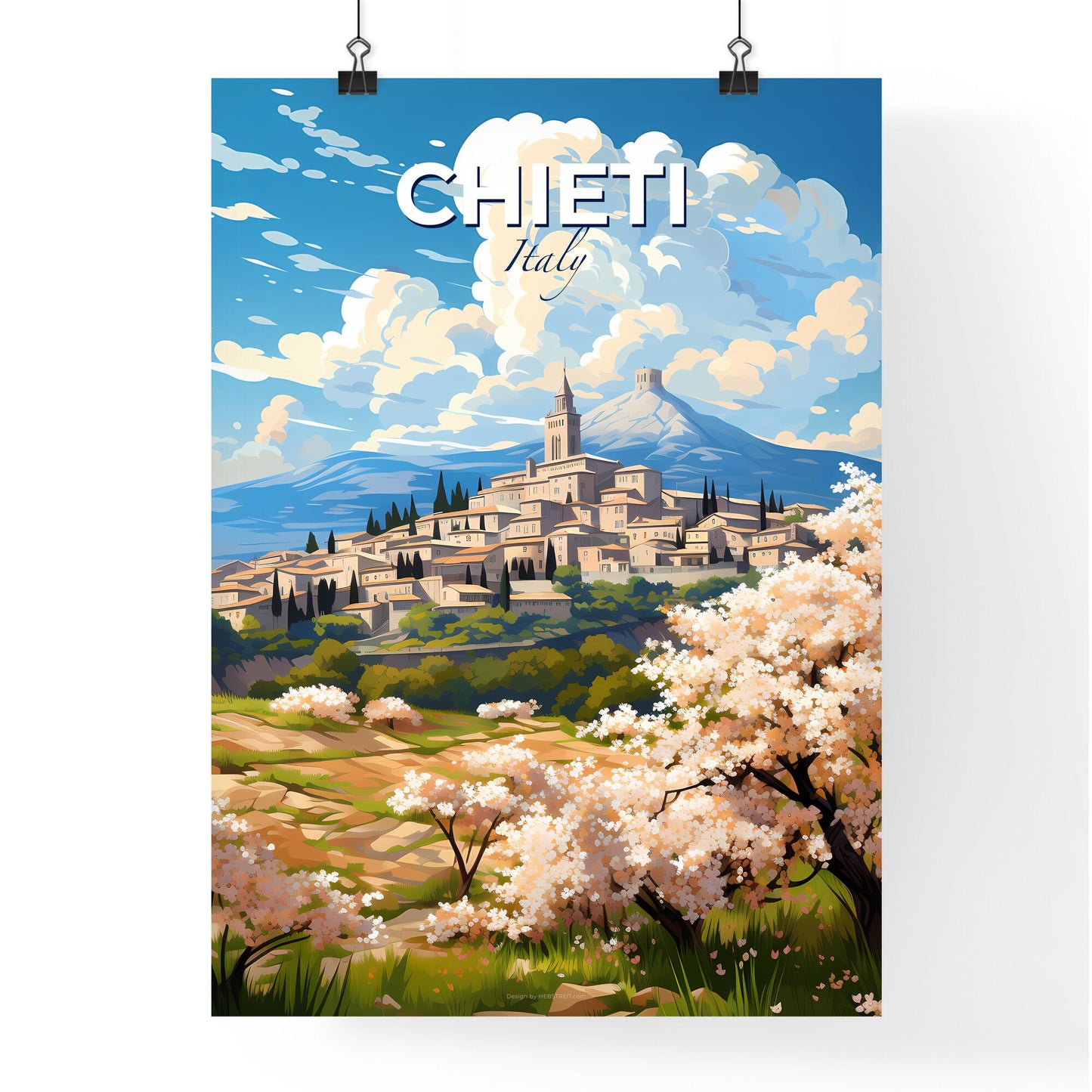 Chieti, Italy, A Poster of a landscape of a town with trees and mountains in the background Default Title