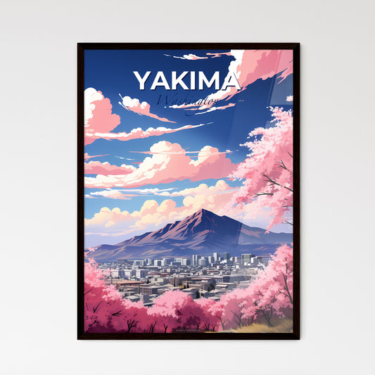 Yakima, Washington, A Poster of a mountain with pink flowers and a city in the distance Default Title