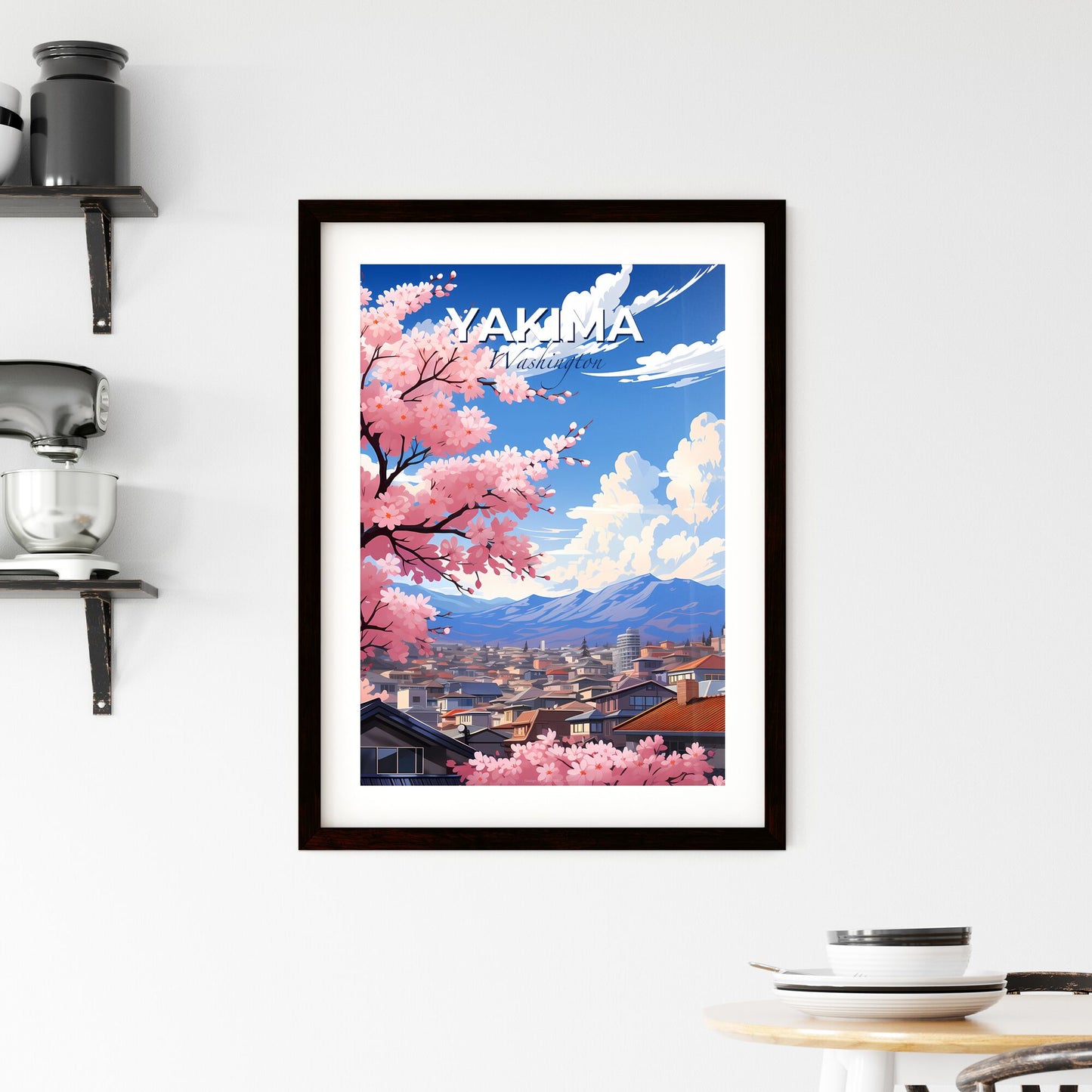 Yakima, Washington, A Poster of a pink tree with flowers in front of a city Default Title
