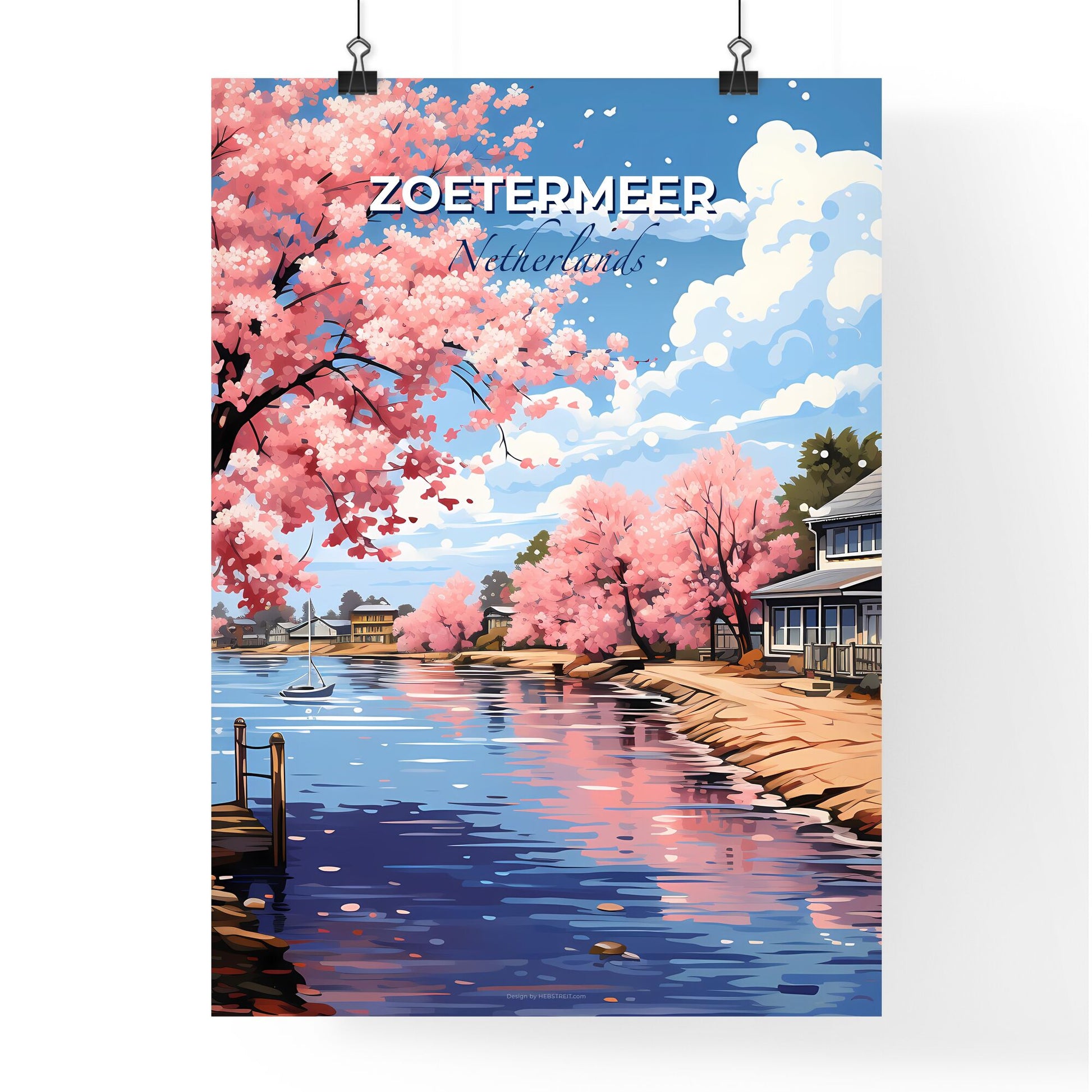 Zoetermeer, Netherlands, A Poster of a water body with pink flowers and houses on the side Default Title