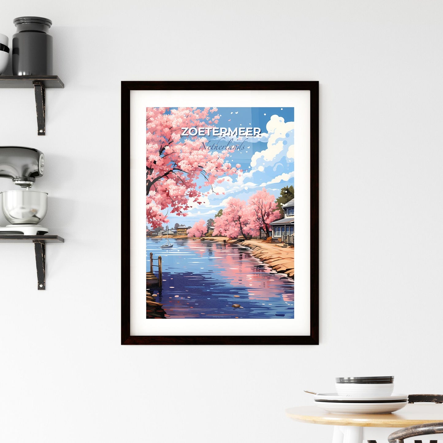 Zoetermeer, Netherlands, A Poster of a water body with pink flowers and houses on the side Default Title
