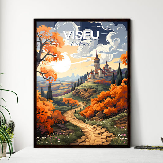 Viseu, Portugal, A Poster of a painting of a castle on a hill with trees and a road Default Title
