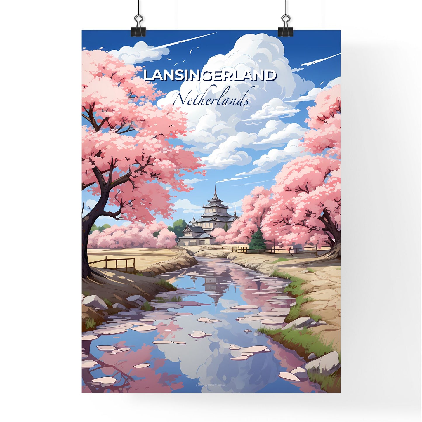 Lansingerland, Netherlands, A Poster of a river running through a park with pink trees Default Title
