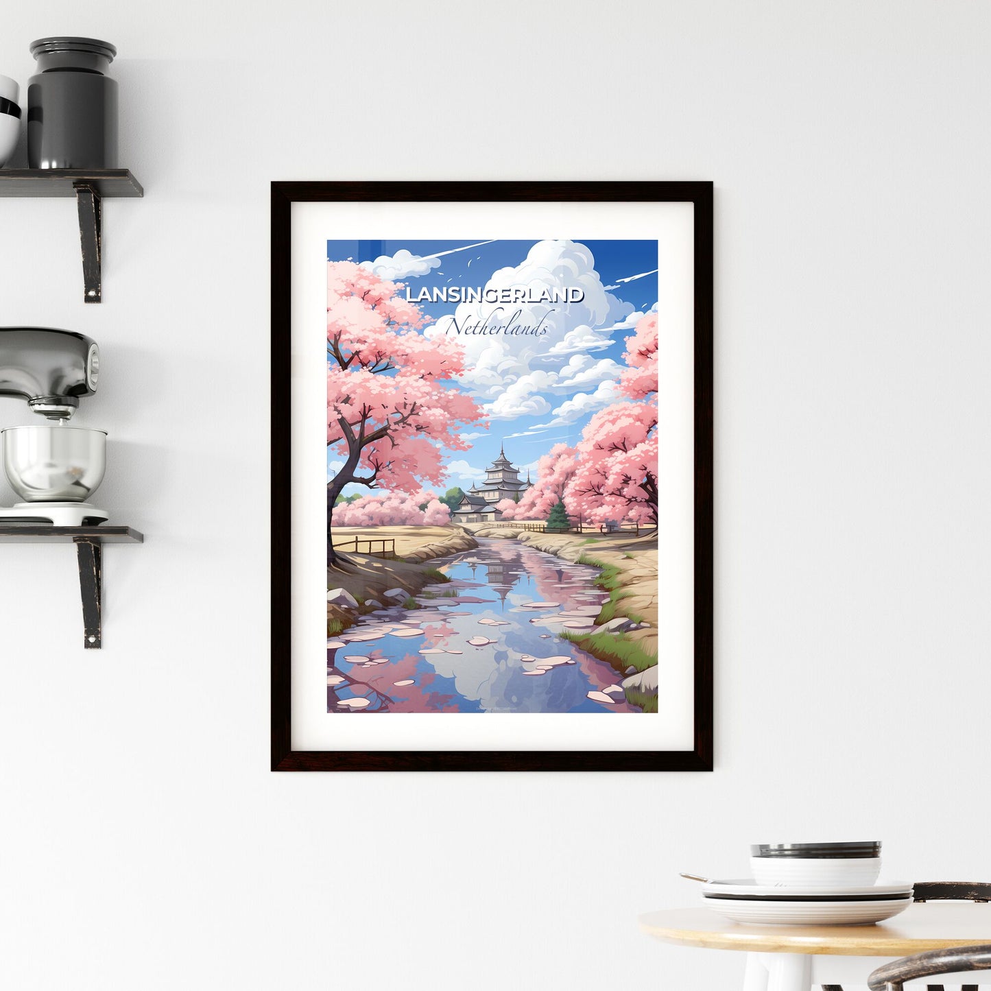 Lansingerland, Netherlands, A Poster of a river running through a park with pink trees Default Title