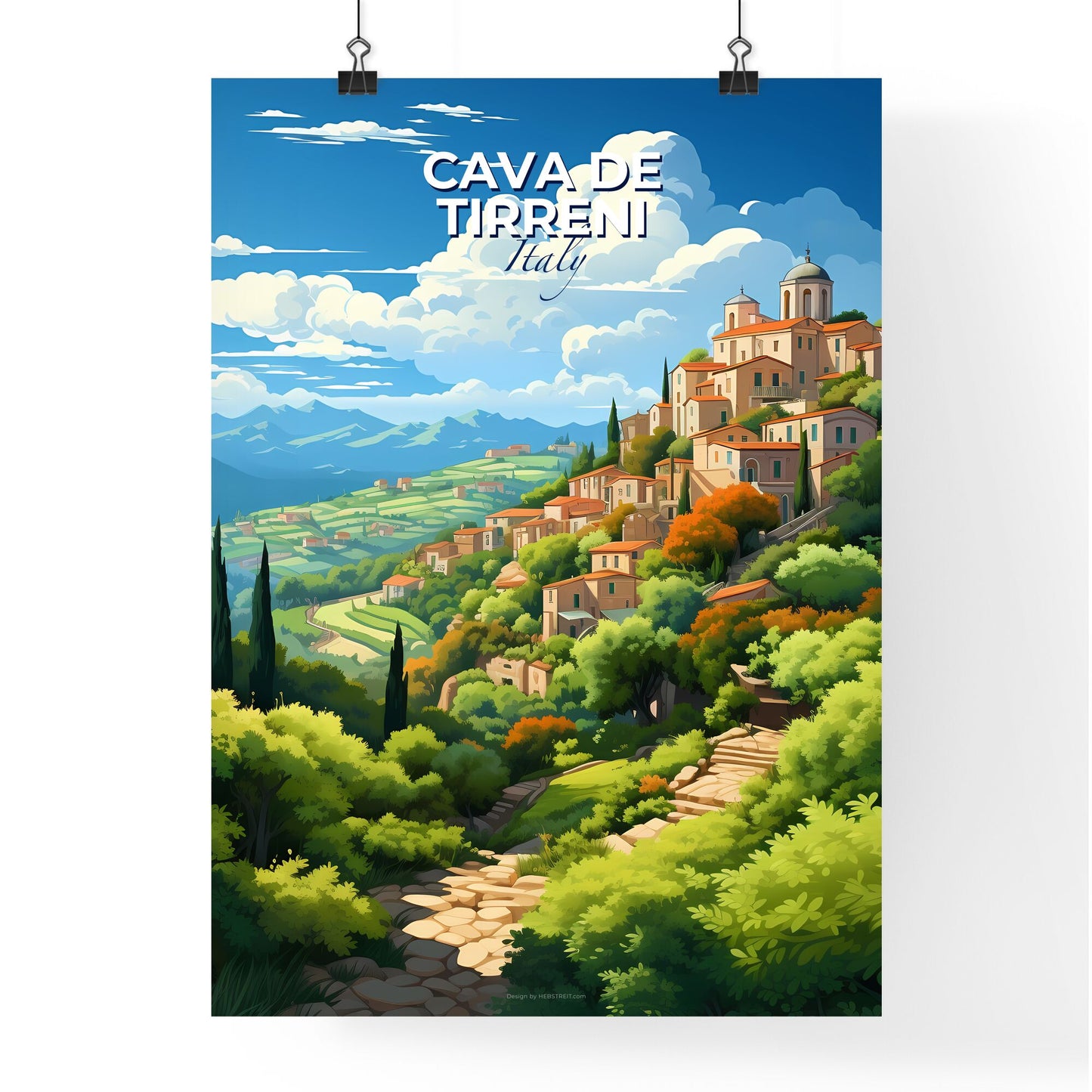 Cava De Tirreni, Italy, A Poster of a landscape of a town on a hill Default Title