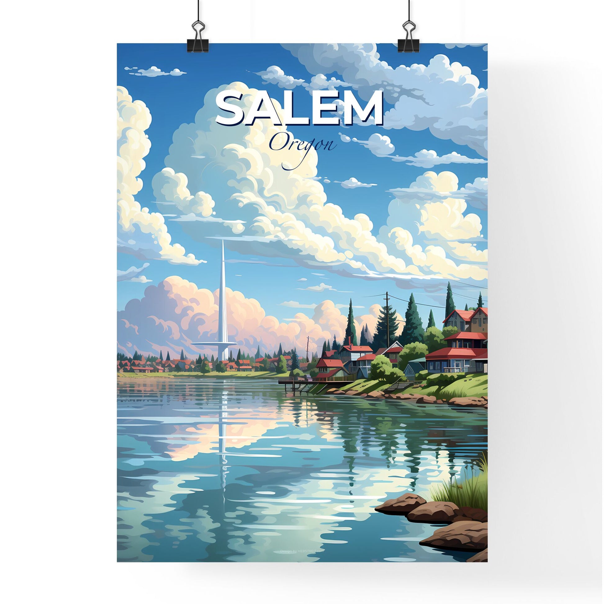 Salem, Oregon, A Poster of a landscape of a lake with houses and trees Default Title