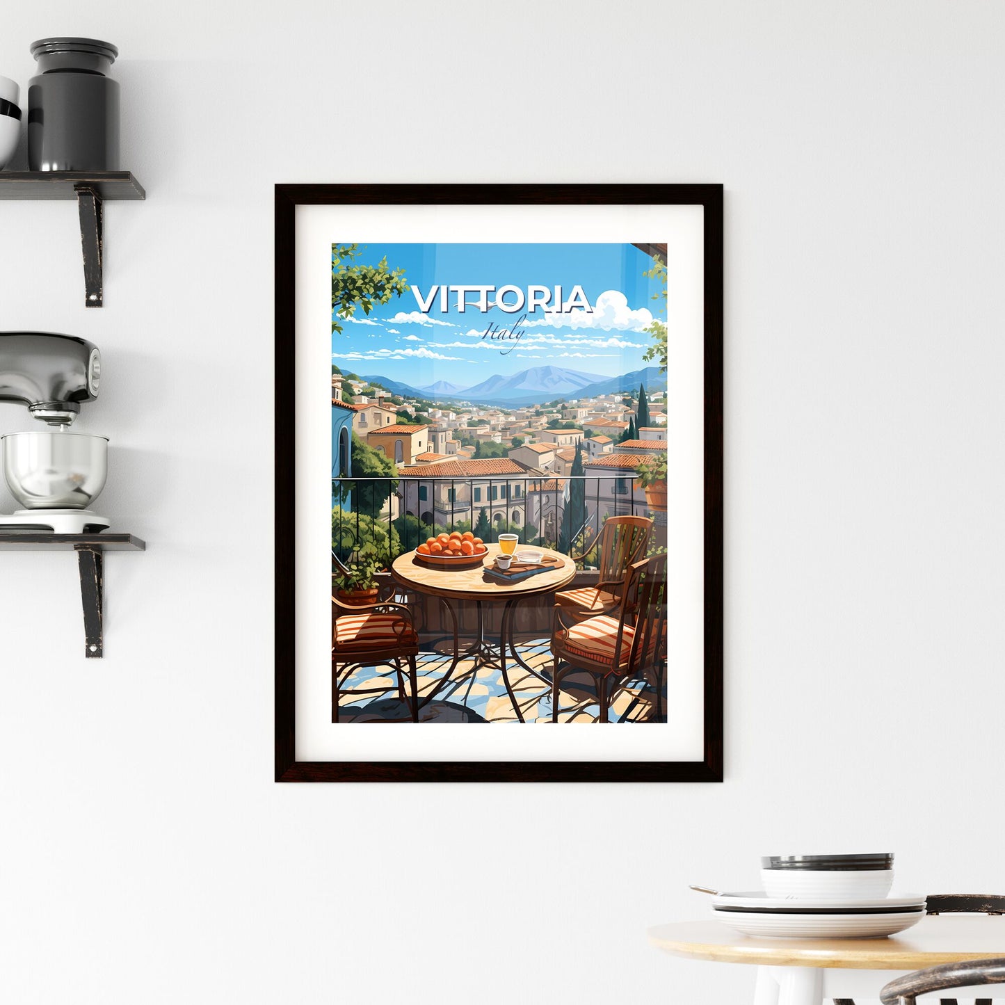 Vittoria, Italy, A Poster of a table with oranges and a cup of tea on a balcony overlooking a city Default Title