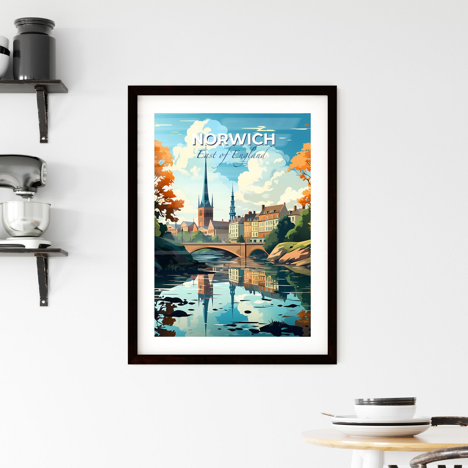 Norwich, East of England, A Poster of a bridge over a river with trees and buildings Default Title