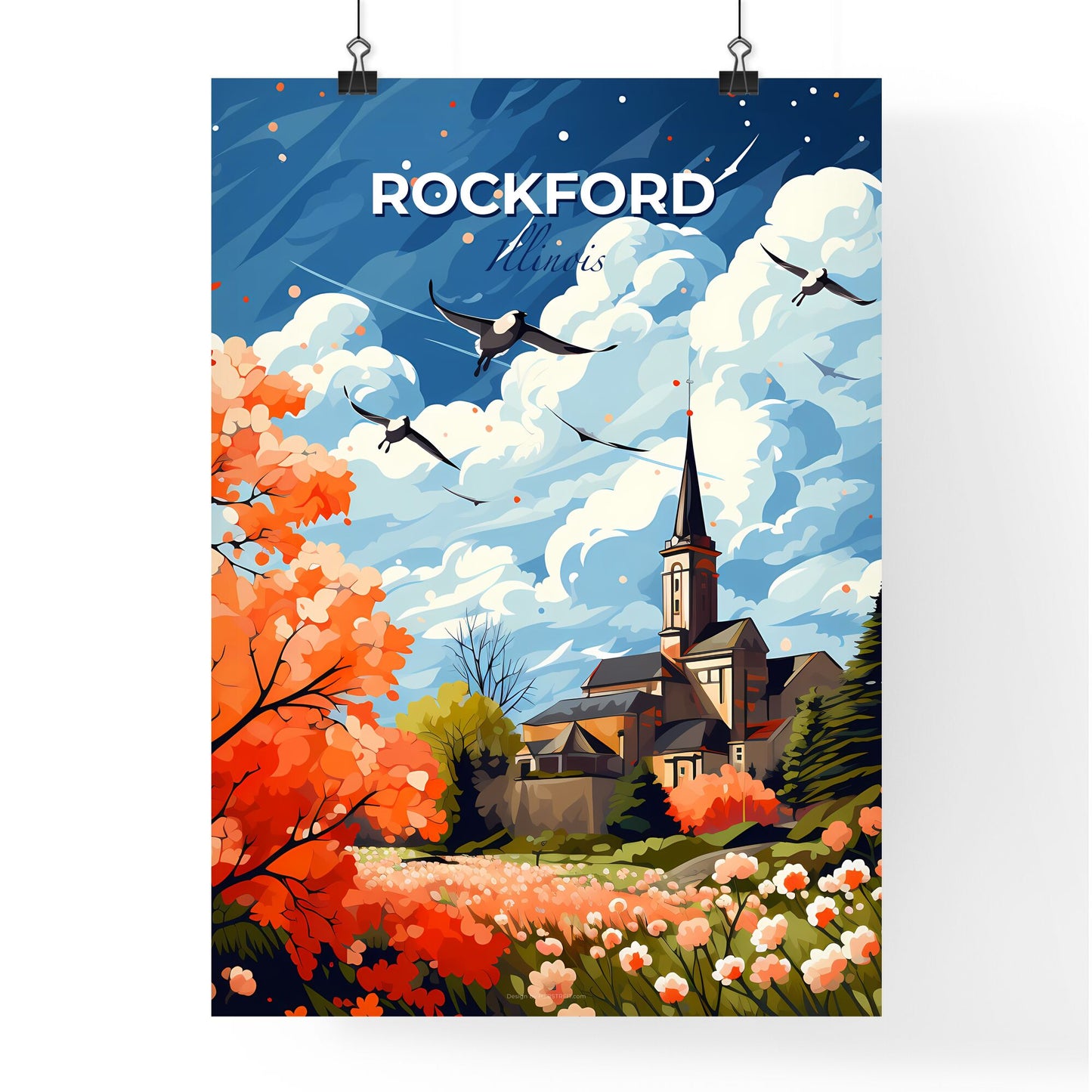 Rockford, Illinois, A Poster of birds flying over a church Default Title