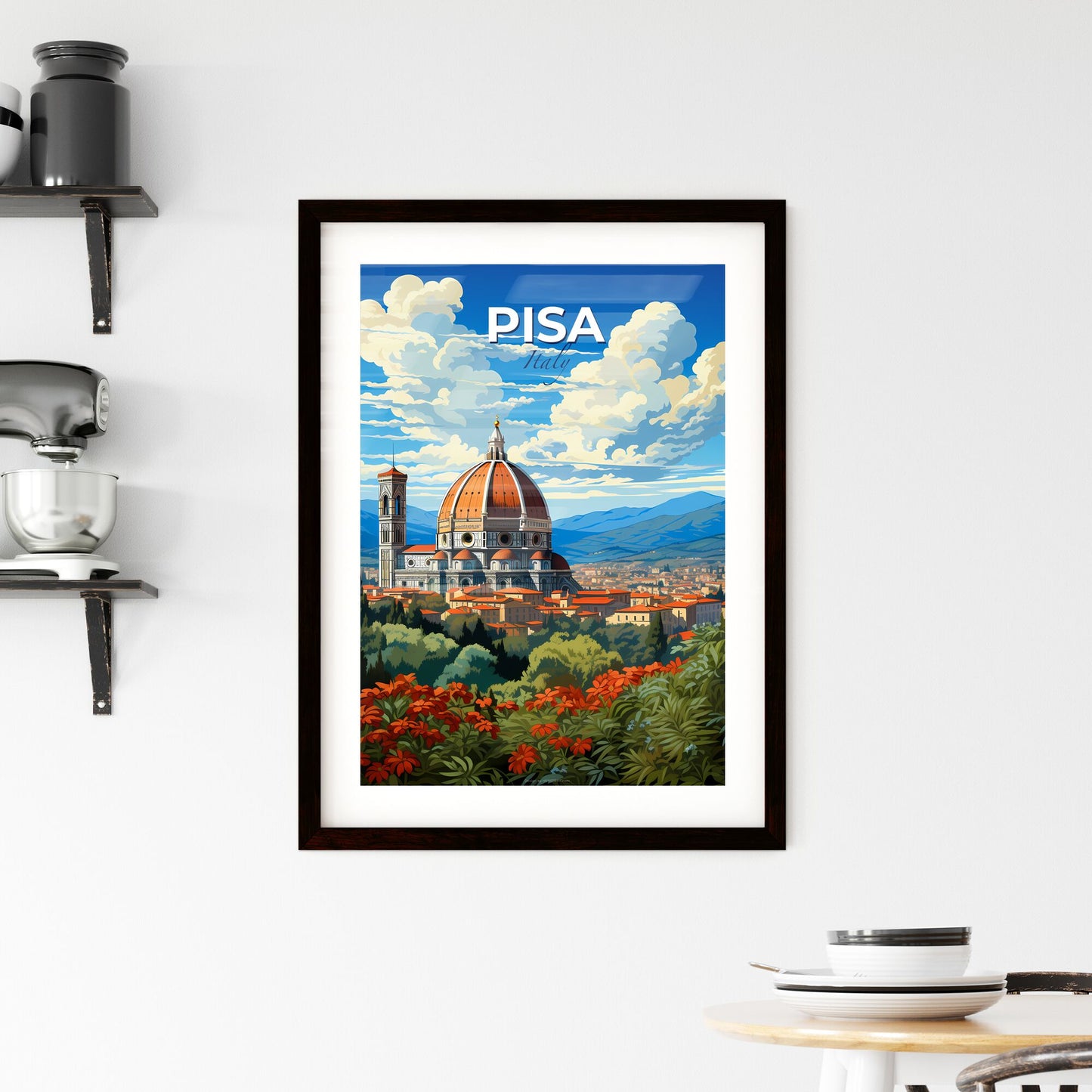 Pisa, Italy, A Poster of a building with a dome and a city landscape Default Title
