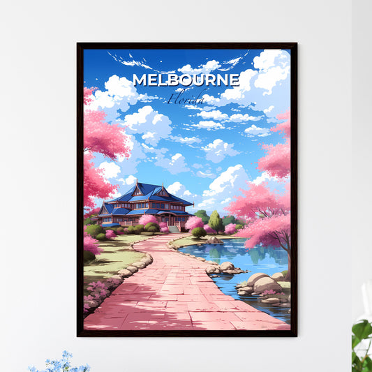 Melbourne, Florida, A Poster of a house with pink trees and a pond Default Title