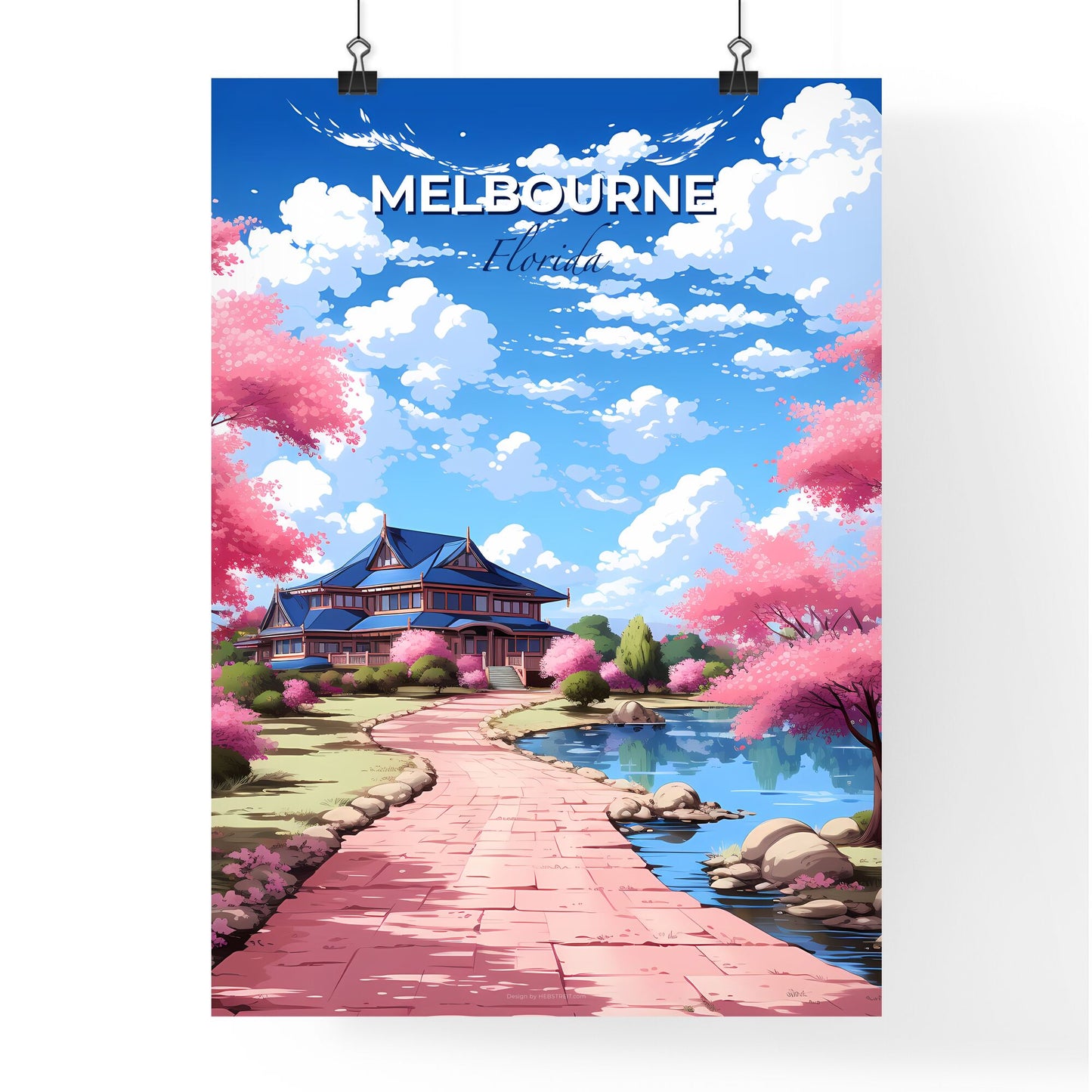 Melbourne, Florida, A Poster of a house with pink trees and a pond Default Title