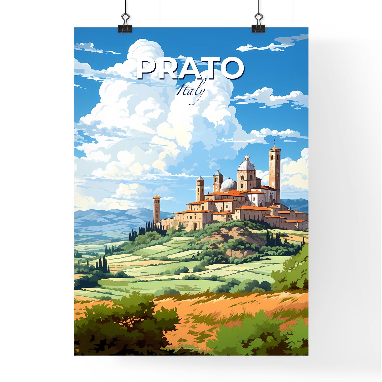 Prato, Italy, A Poster of a landscape with a castle and trees Default Title