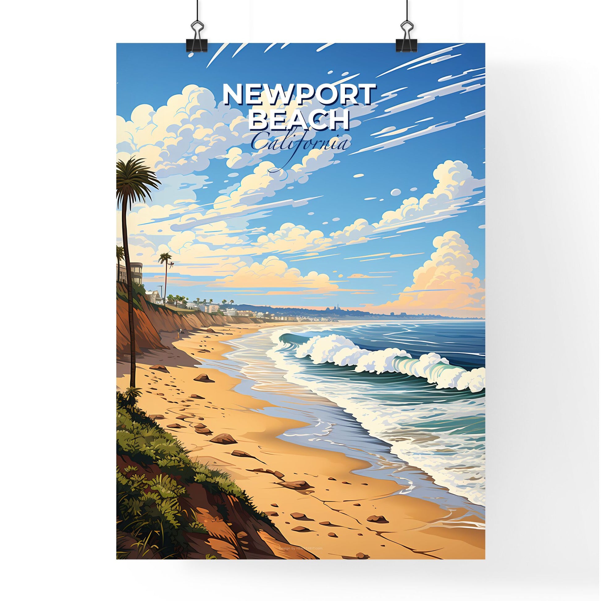 Newport Beach, California, A Poster of a beach with palm trees and waves Default Title
