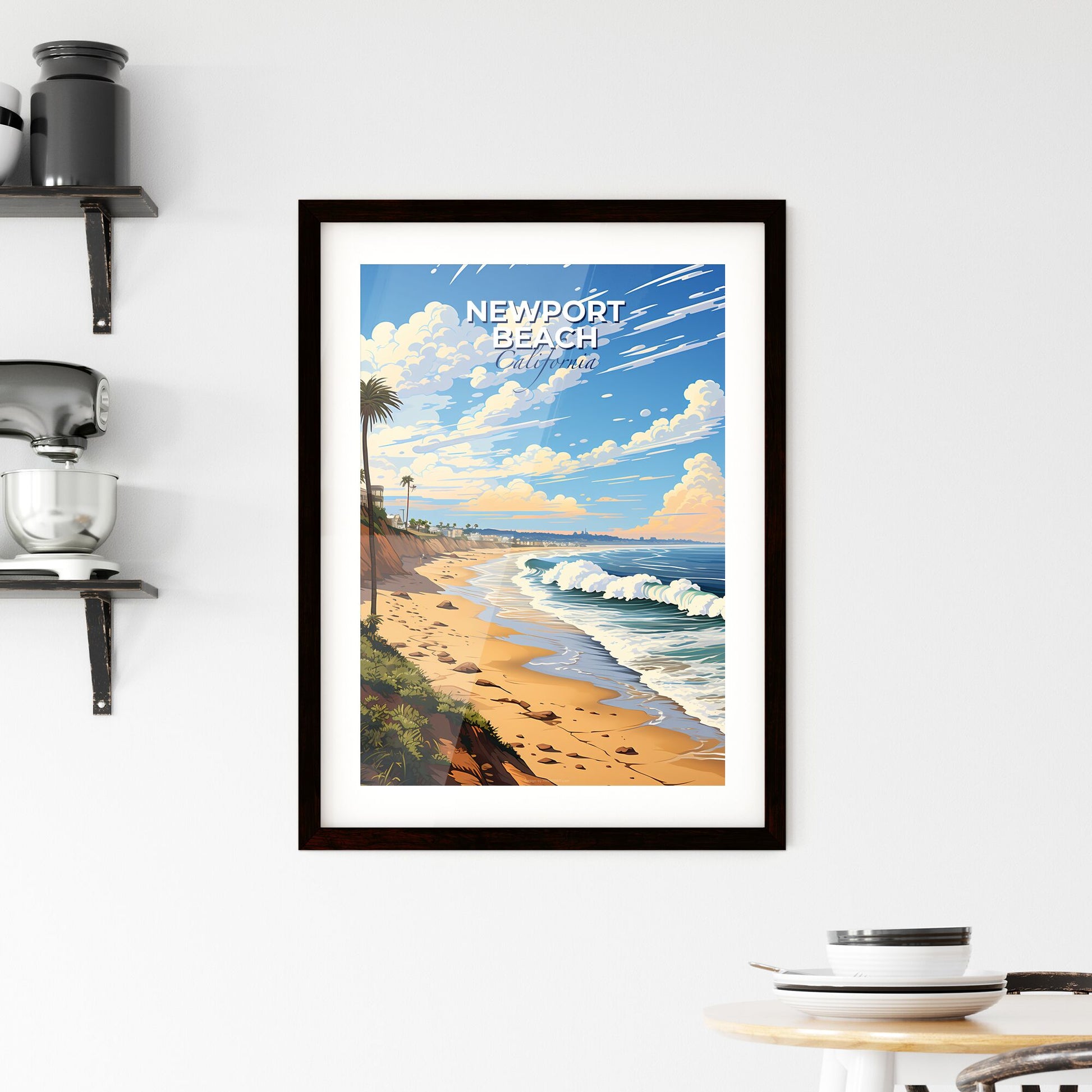 Newport Beach, California, A Poster of a beach with palm trees and waves Default Title