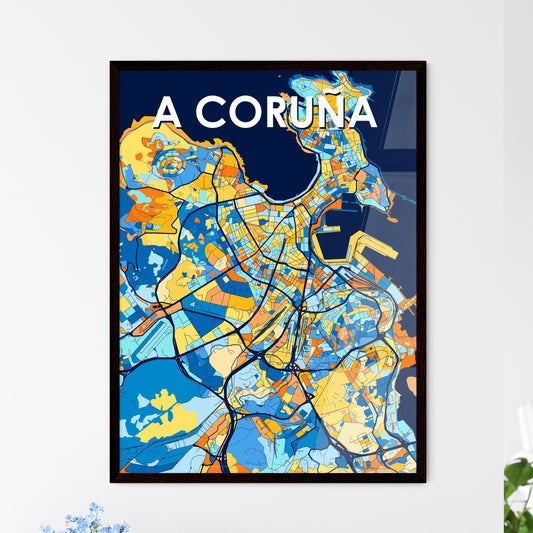 A CORUÑA SPAIN Vibrant Colorful Art Map Poster Blue Orange