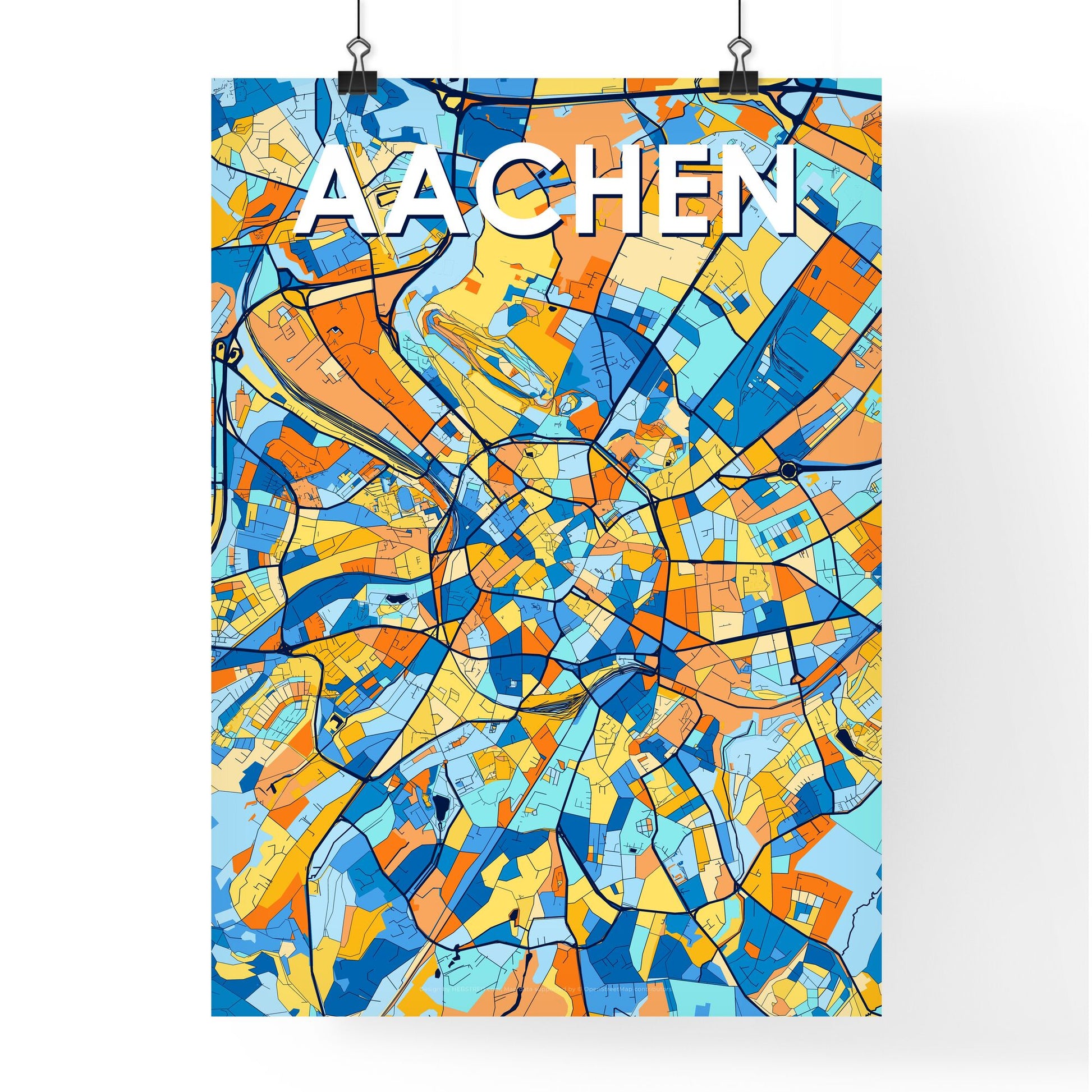 AACHEN GERMANY Vibrant Colorful Art Map Poster Blue Orange