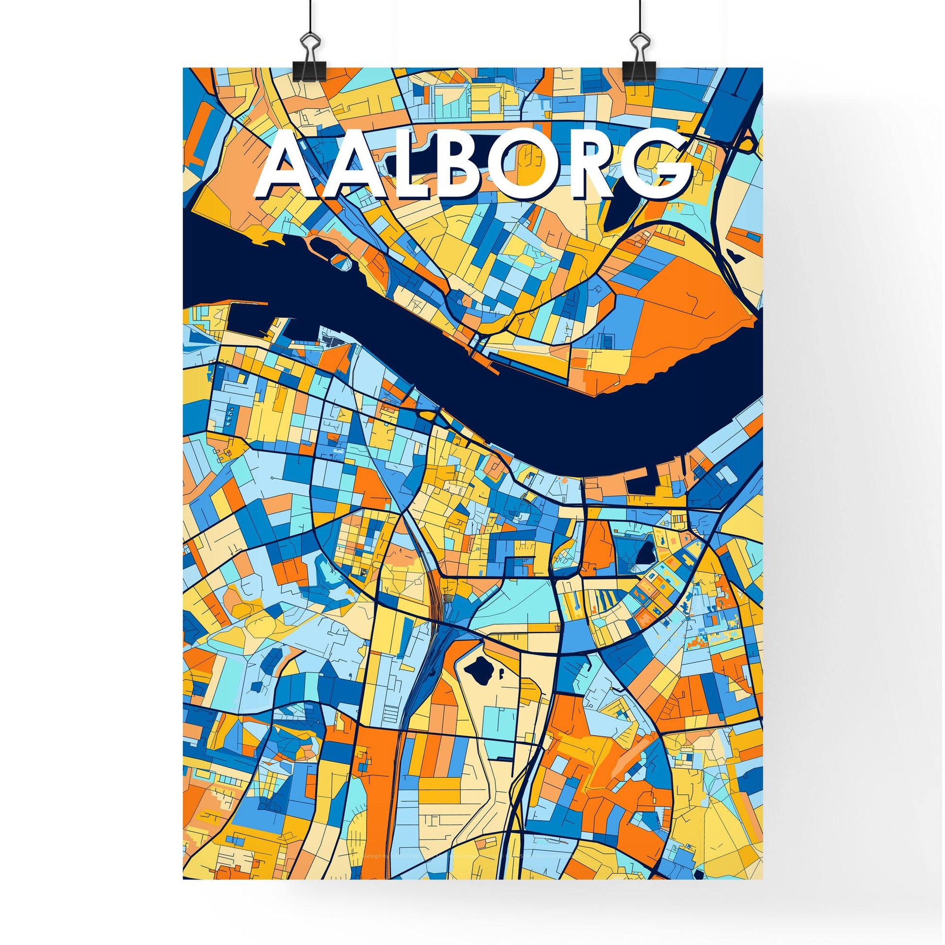 AALBORG DENMARK Vibrant Colorful Art Map Poster Blue Orange
