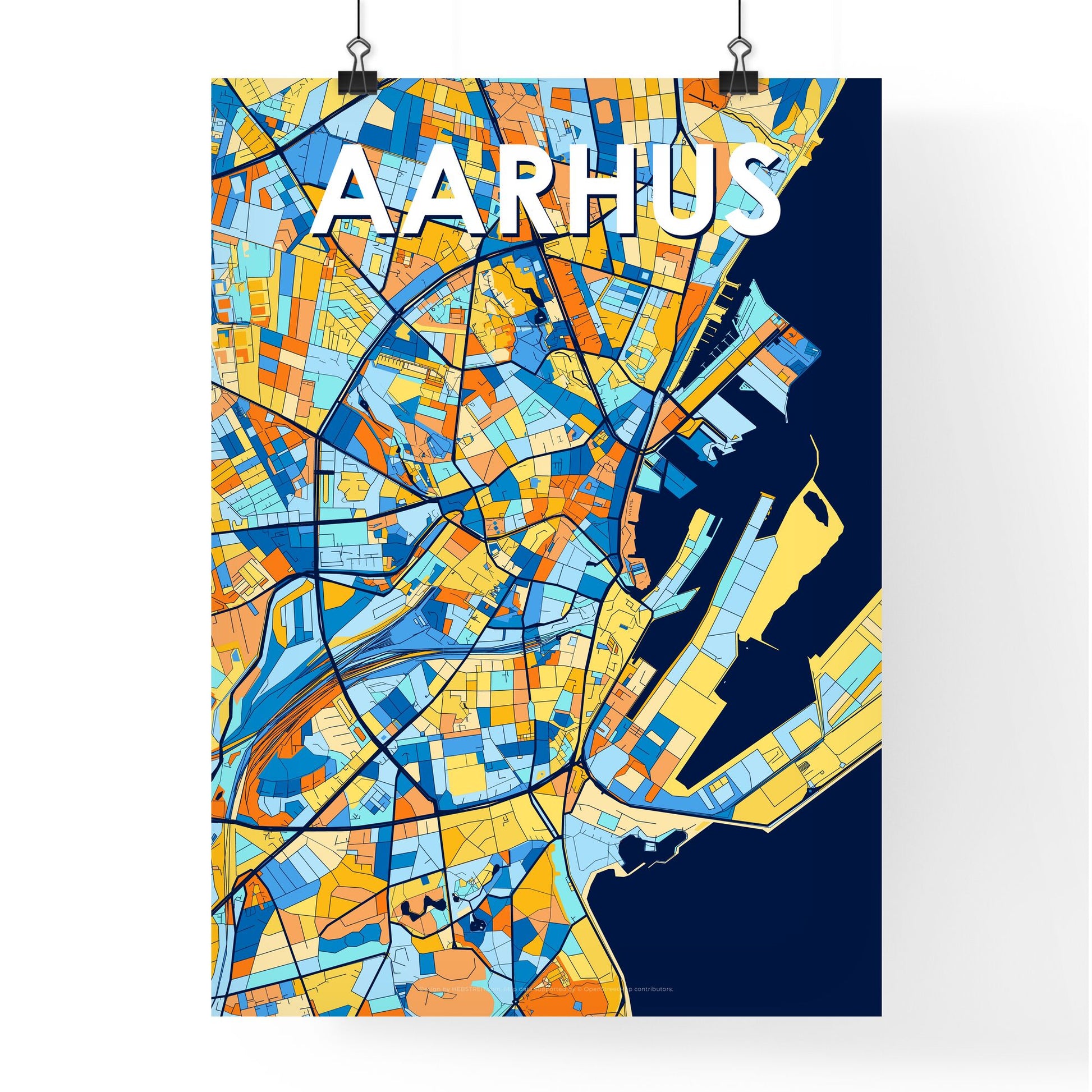 AARHUS DENMARK Vibrant Colorful Art Map Poster Blue Orange