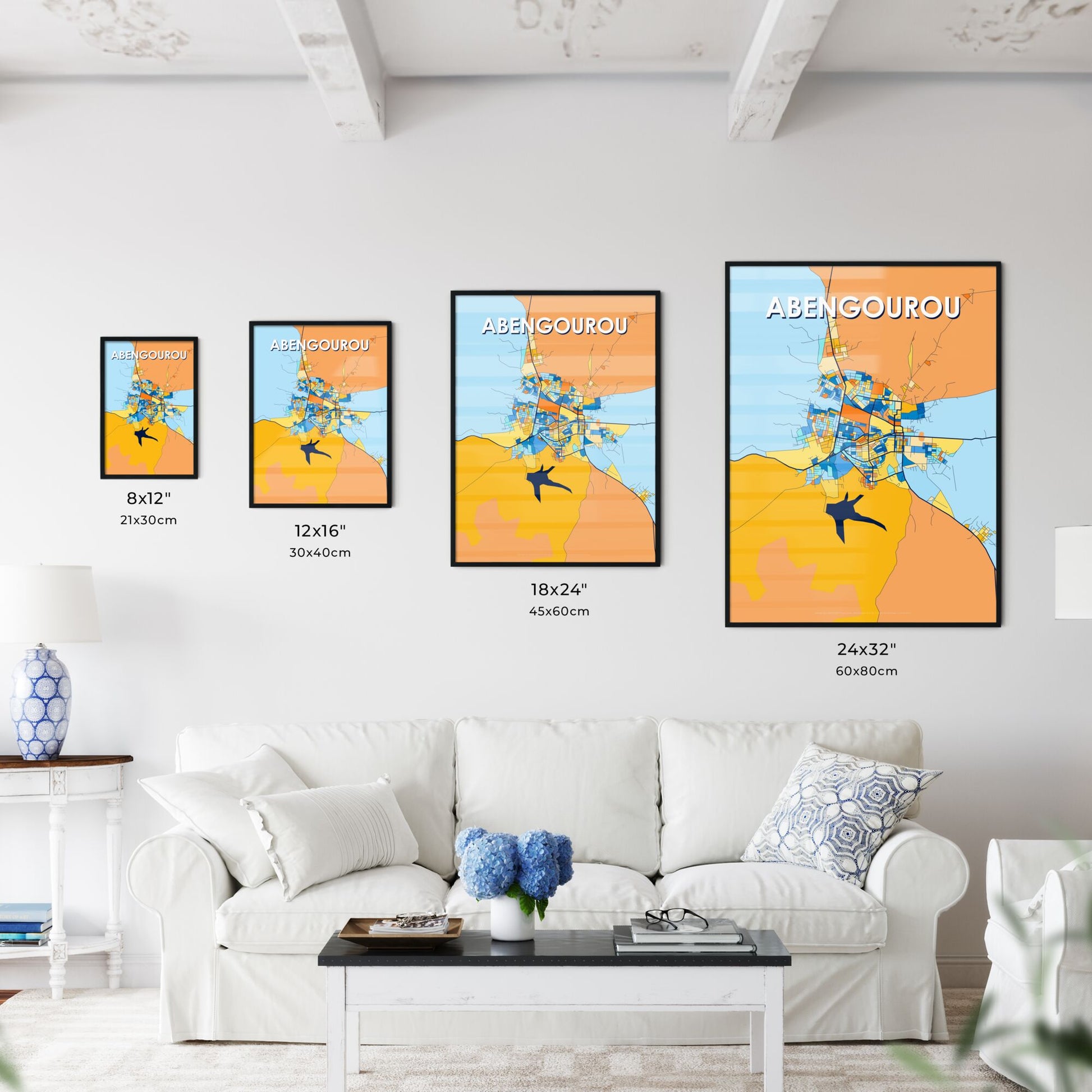 ABENGOUROU IVORY COAST Vibrant Colorful Art Map Poster Blue Orange