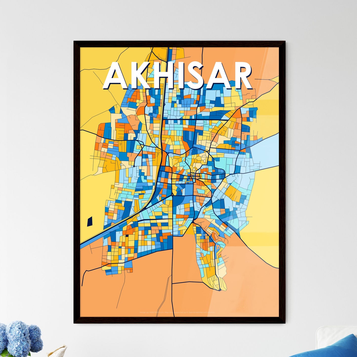 AKHISAR TURKEY Vibrant Colorful Art Map Poster Blue Orange