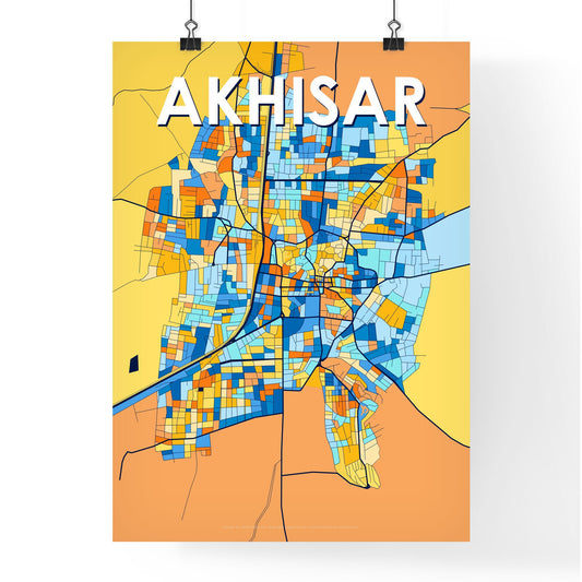 AKHISAR TURKEY Vibrant Colorful Art Map Poster Blue Orange